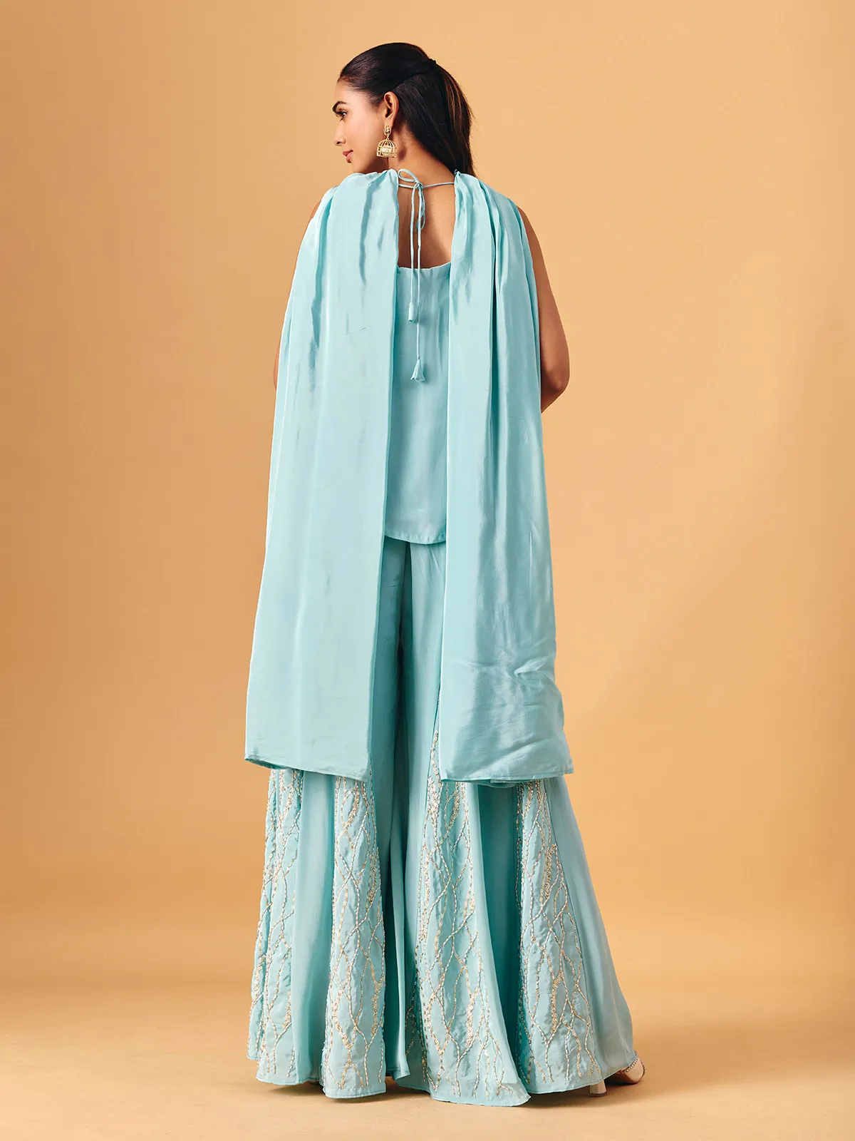 Sky blue chinon silk palazzo suit with sequin accents