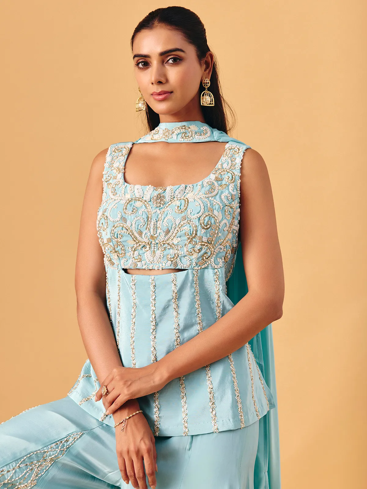 Sky blue chinon silk palazzo suit with sequin accents