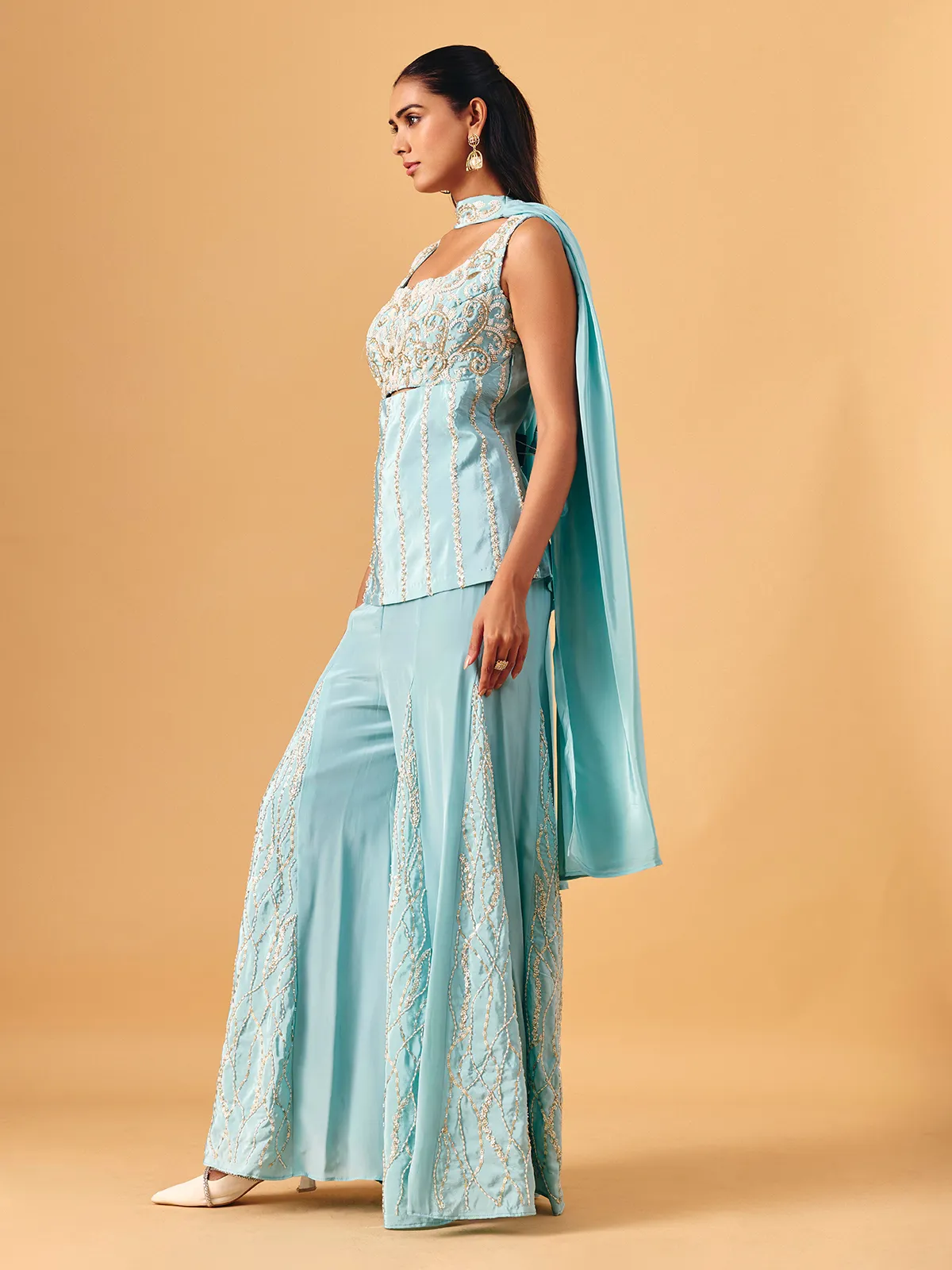 Sky blue chinon silk palazzo suit with sequin accents