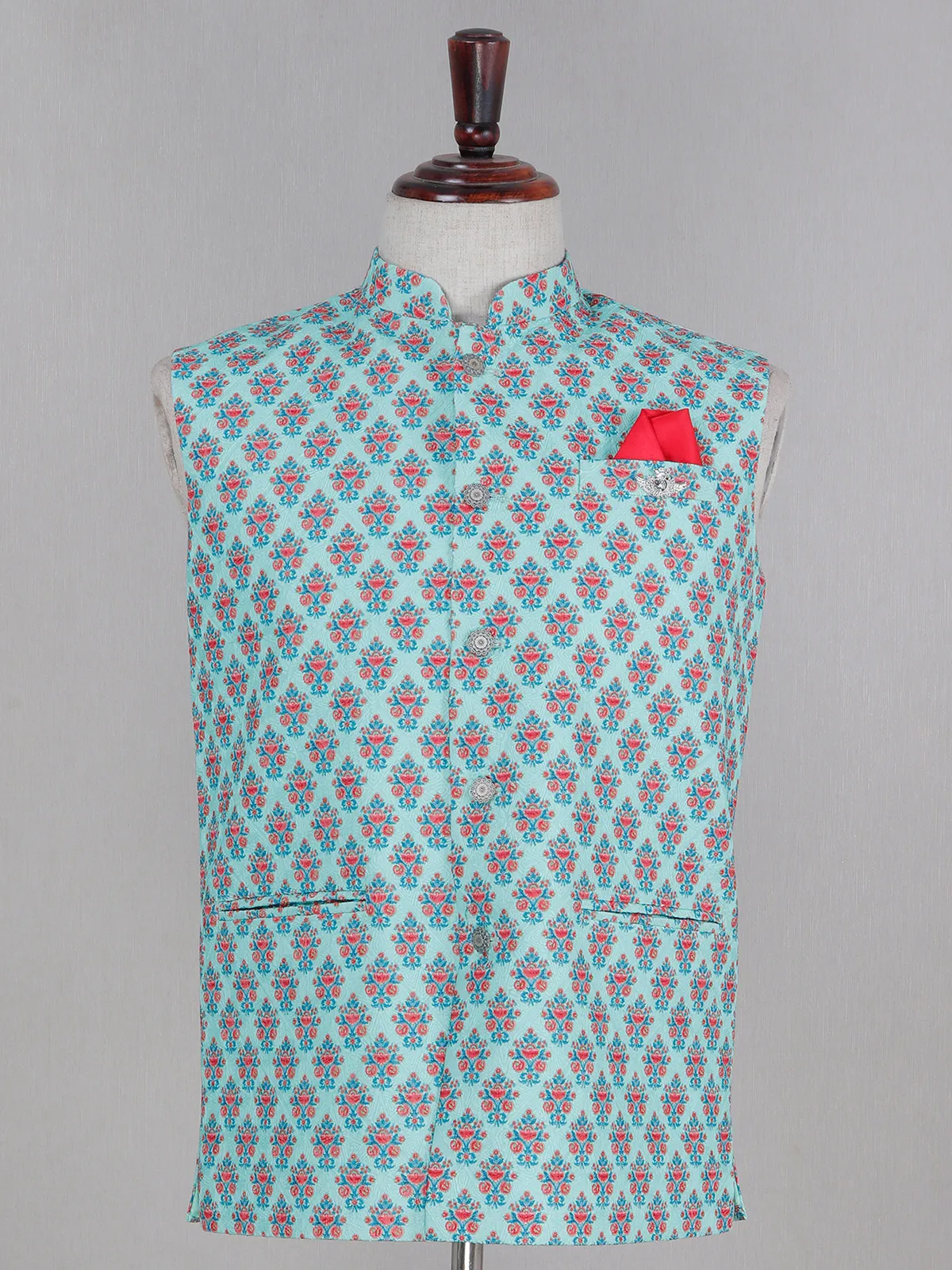 Sky blue color printed cotton silk waistcoat