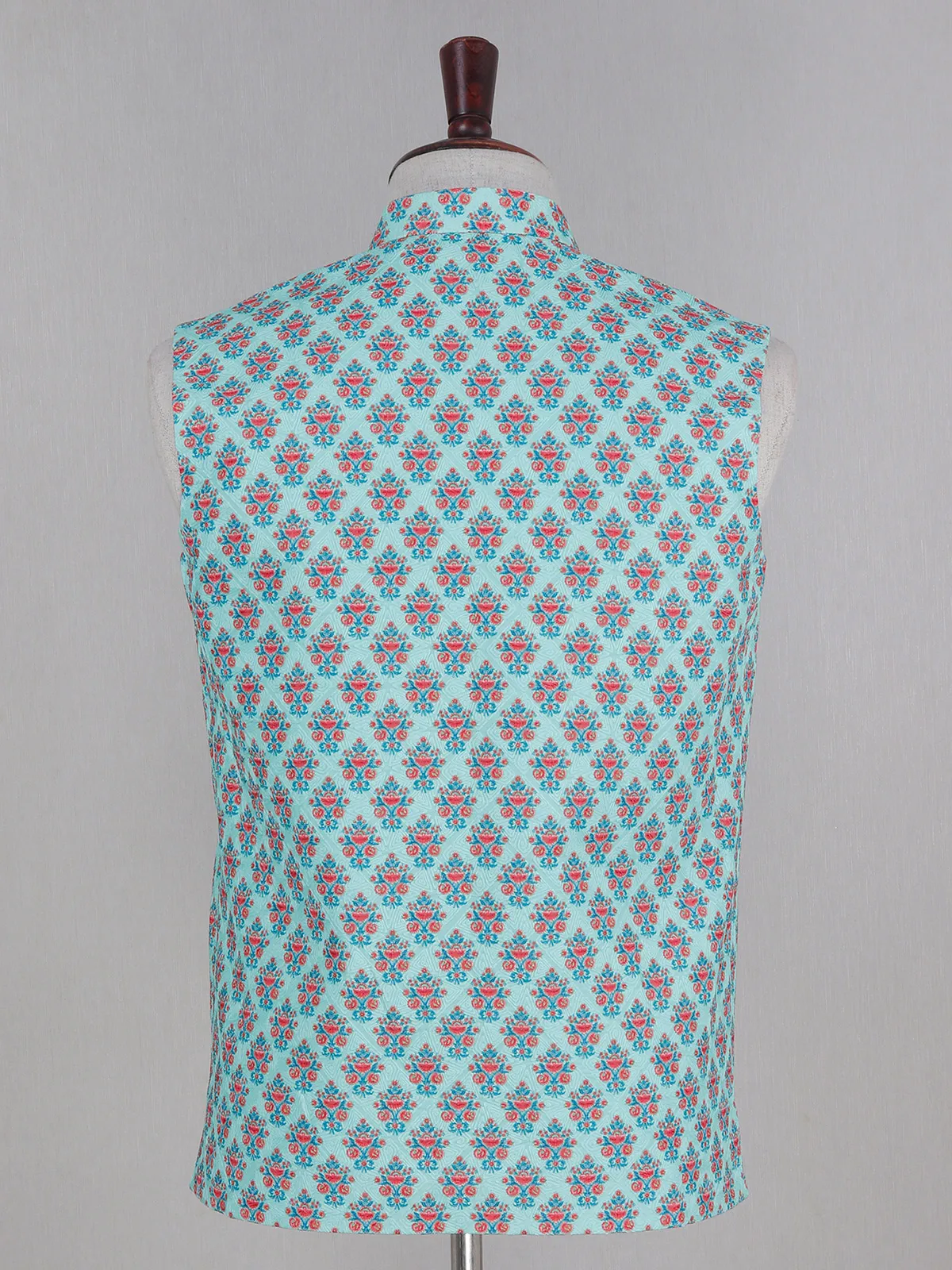 Sky blue color printed cotton silk waistcoat