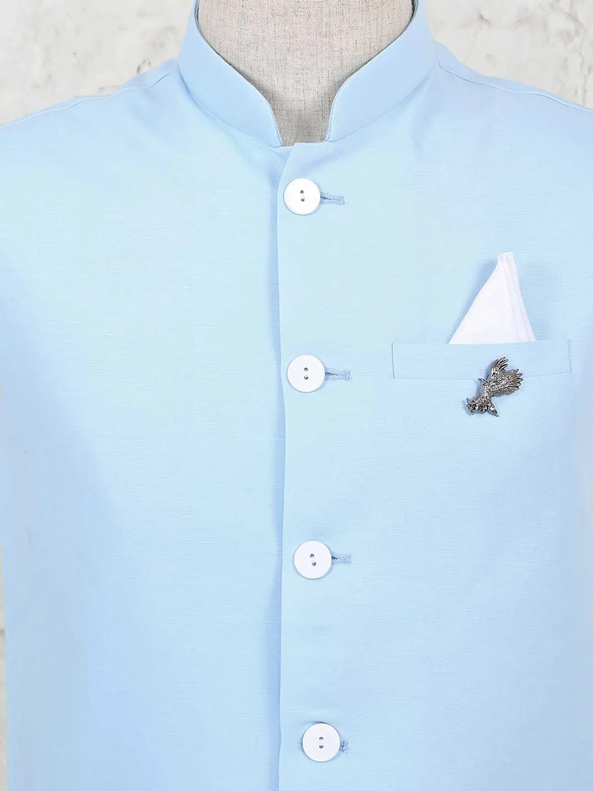 Sky blue color solid cotton silk waistcoat