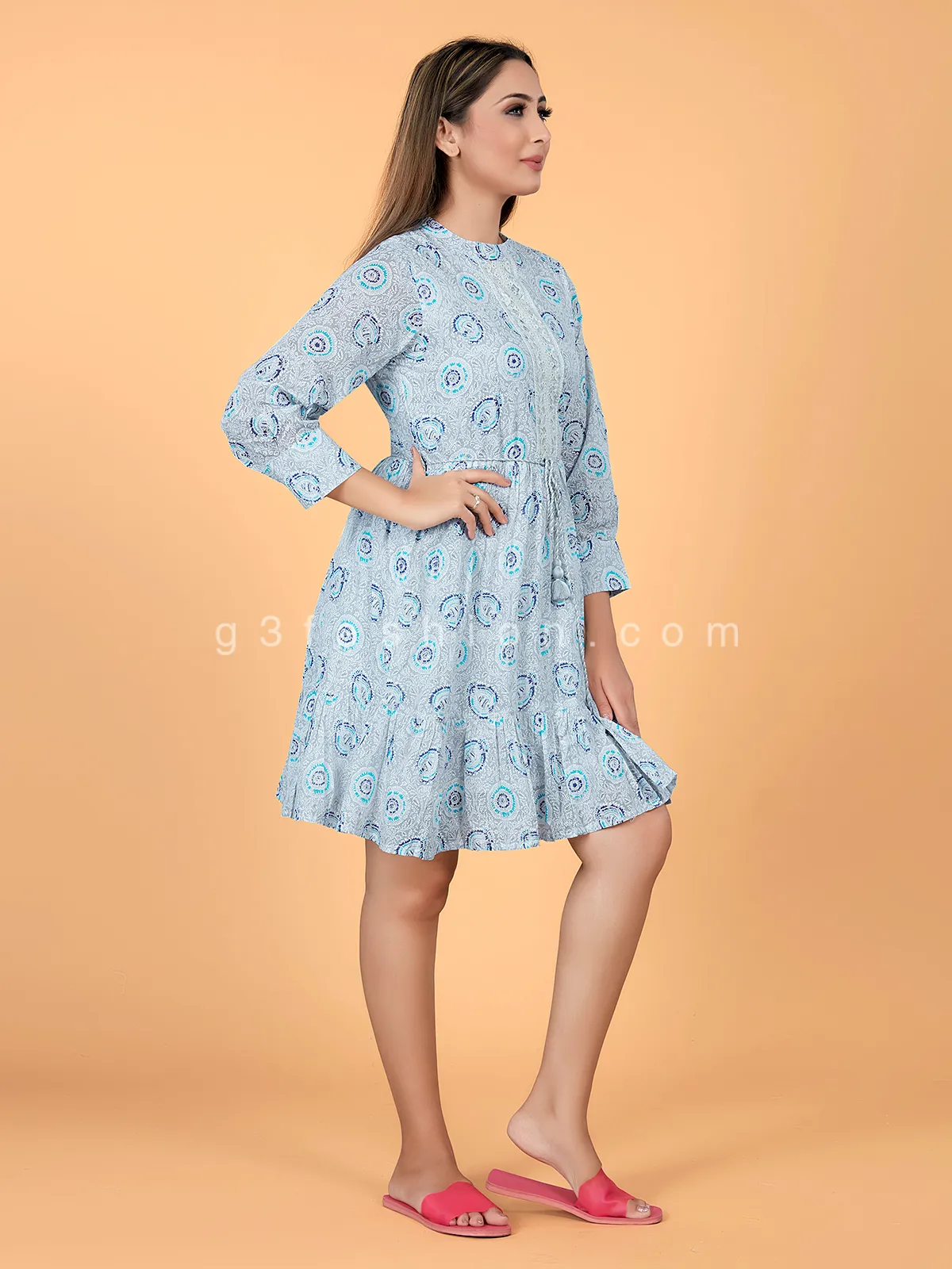 Sky blue cotton casual wear printed kurti