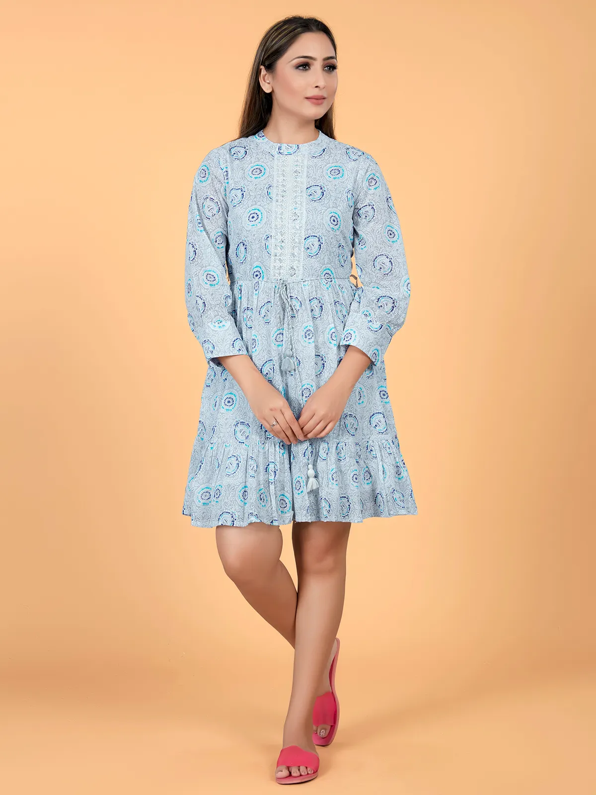 Sky blue cotton casual wear printed kurti