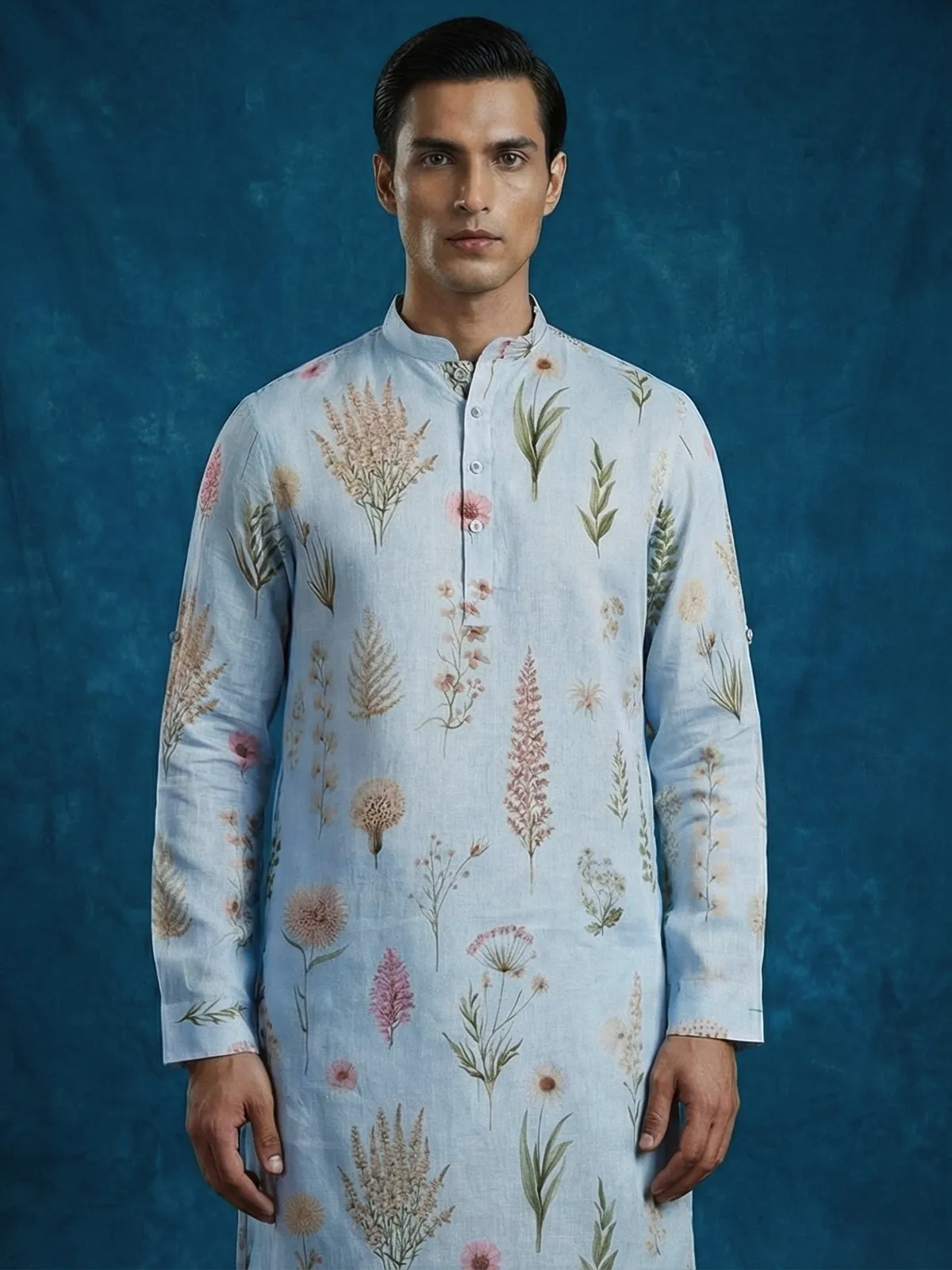 Sky blue cotton linen floral printed festive kurta