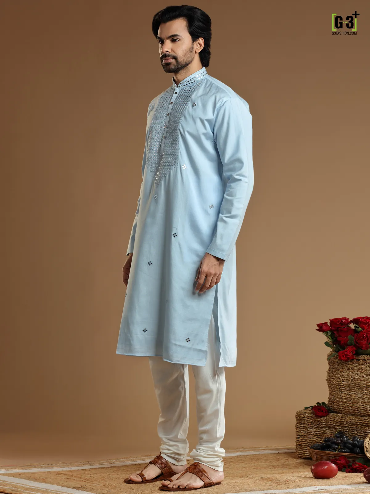 Sky blue cotton silk festive Kurta Set for Men