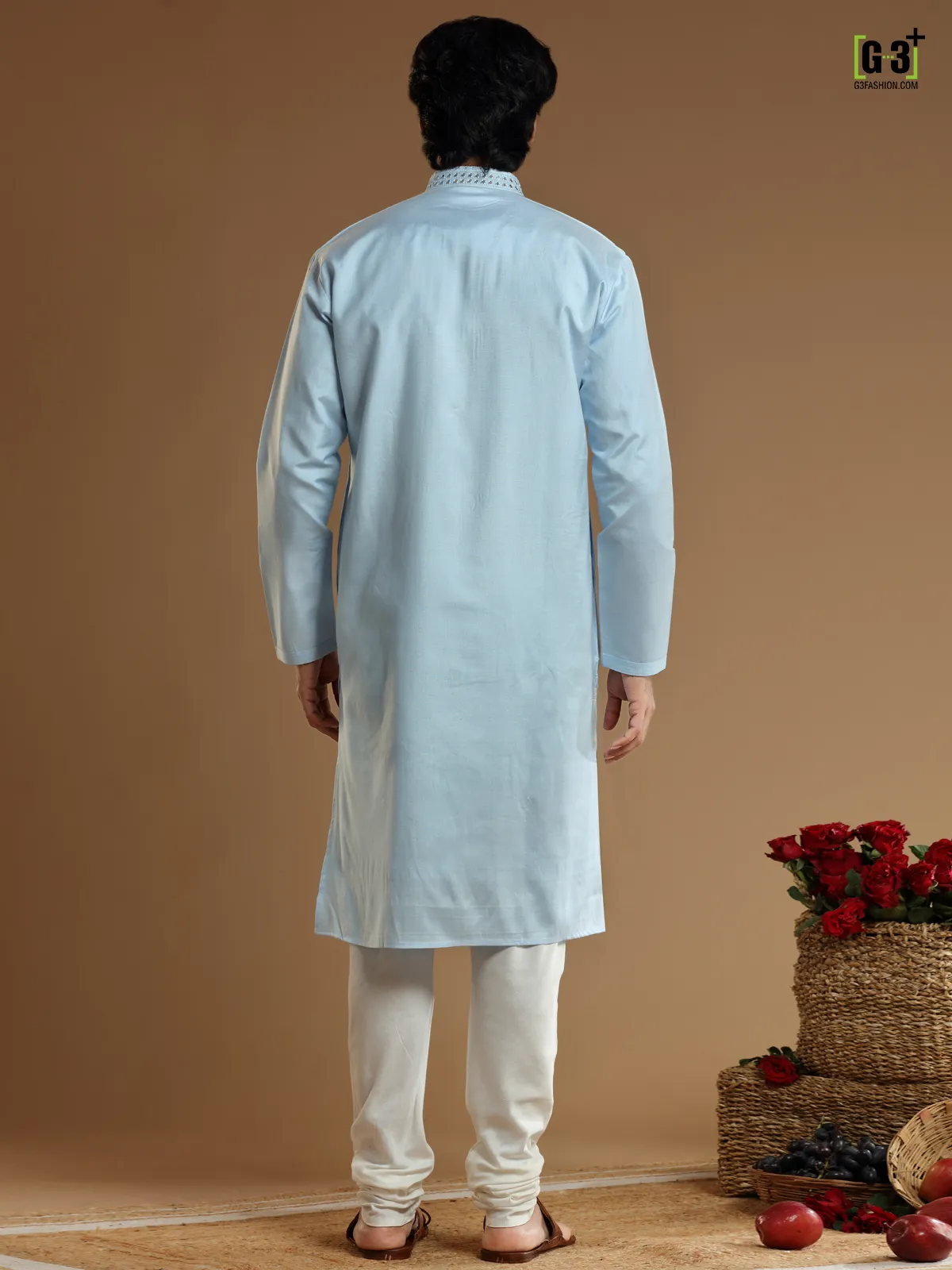 Sky blue cotton silk festive kurta suit for men