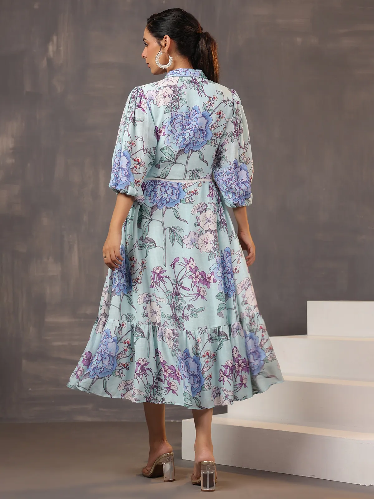Sky blue cotton silk kurti with print