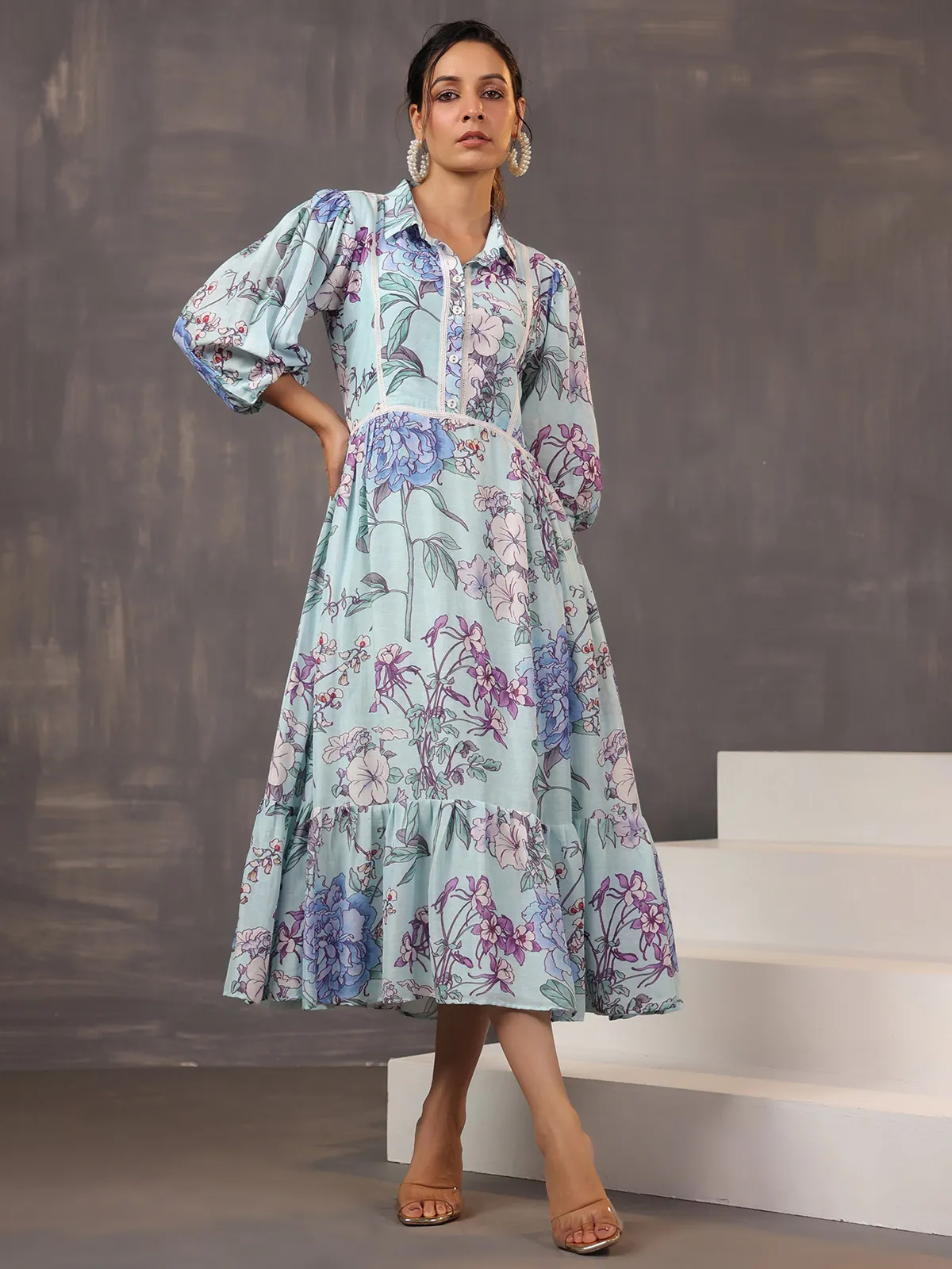 Sky blue cotton silk kurti with print
