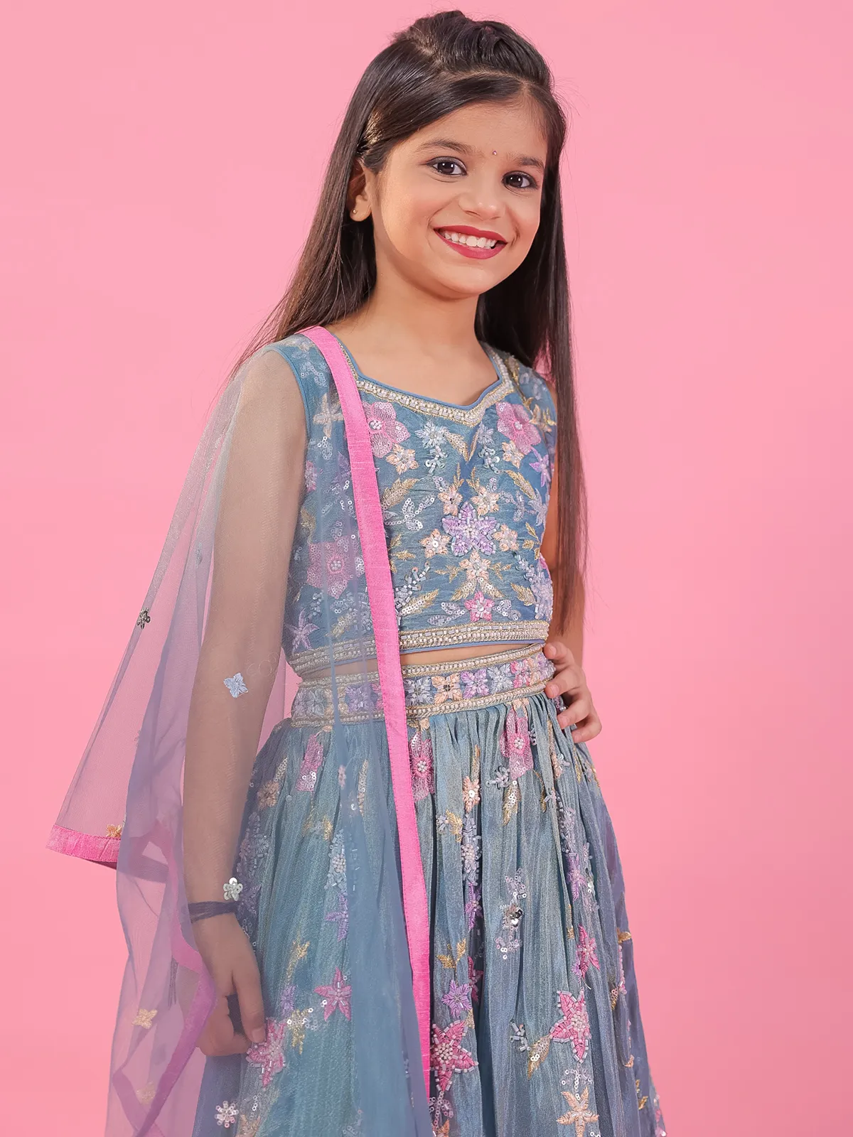 Sky blue cotton tissue silk lehenga choli for girls