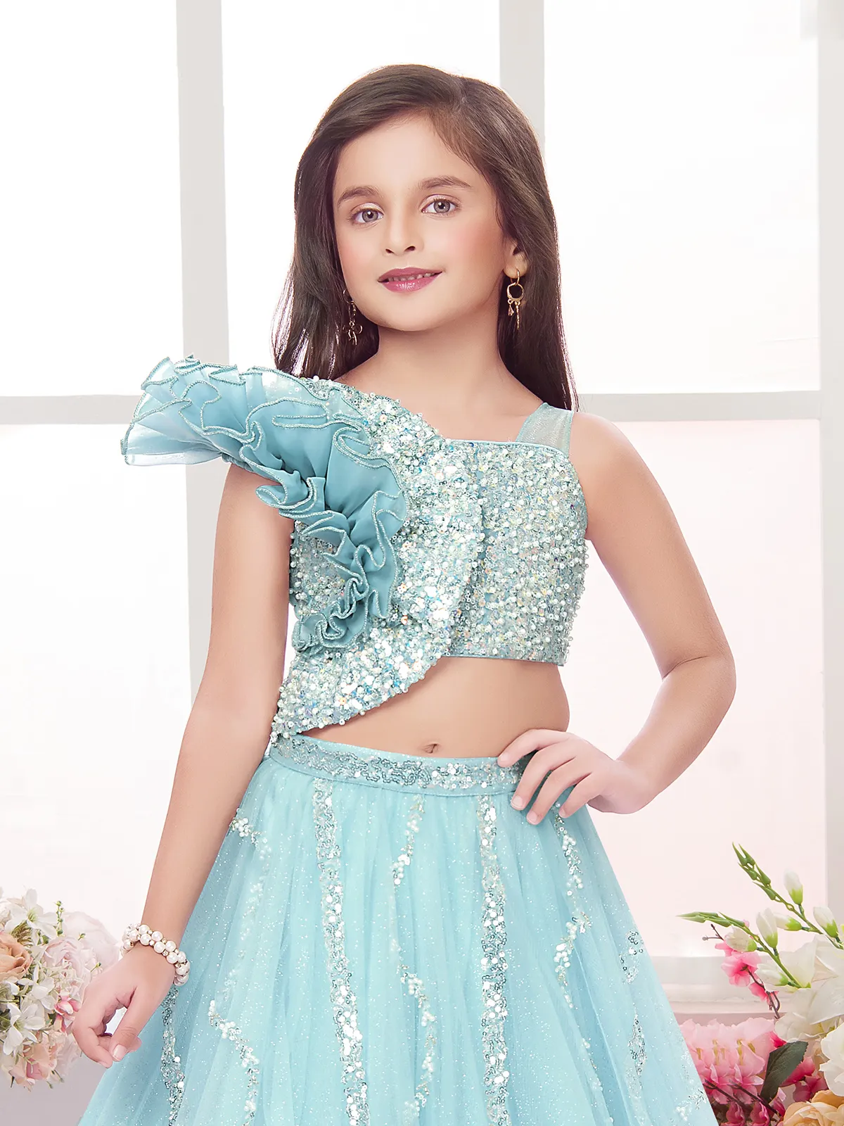 Sky blue net reception wear lehenga choli