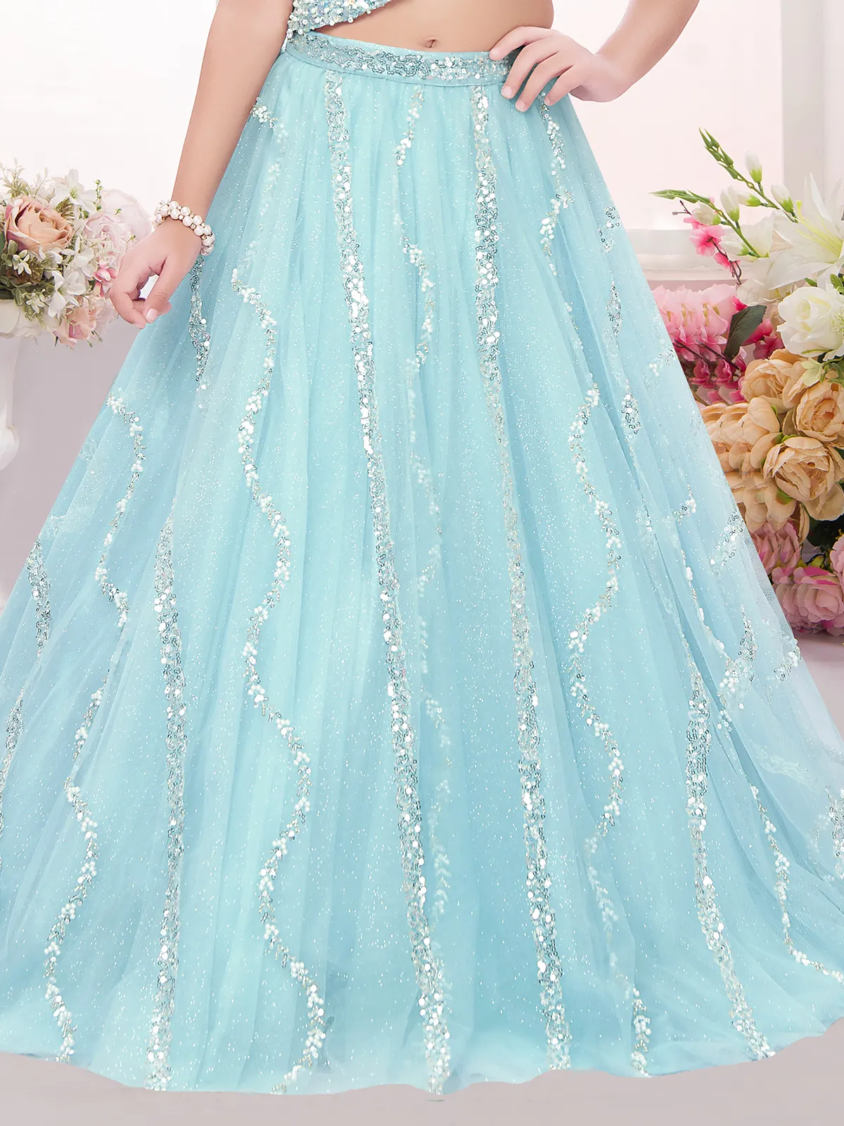 Sky blue net reception wear lehenga choli