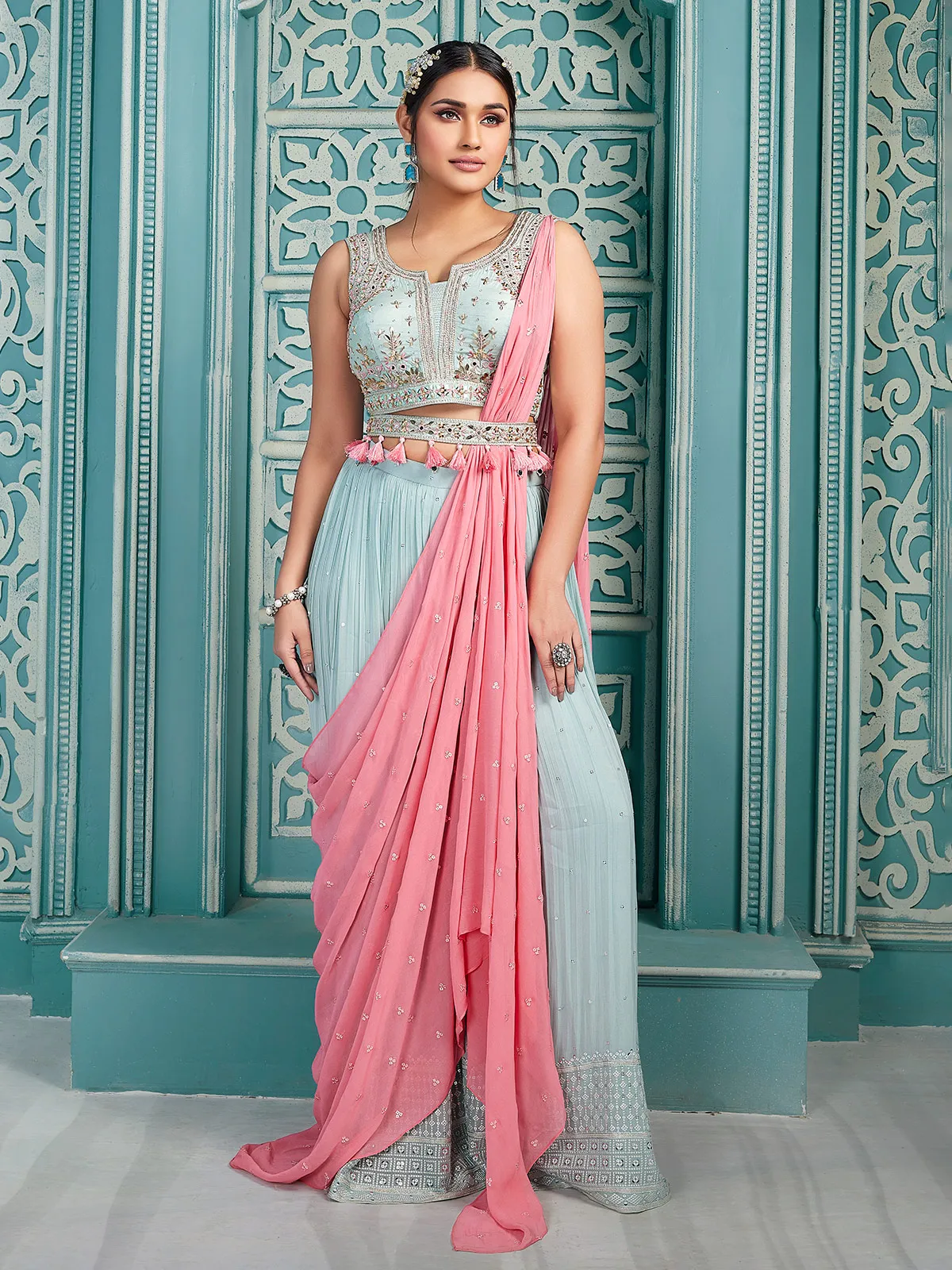 Sky blue palazzo suit with contrast dupatta