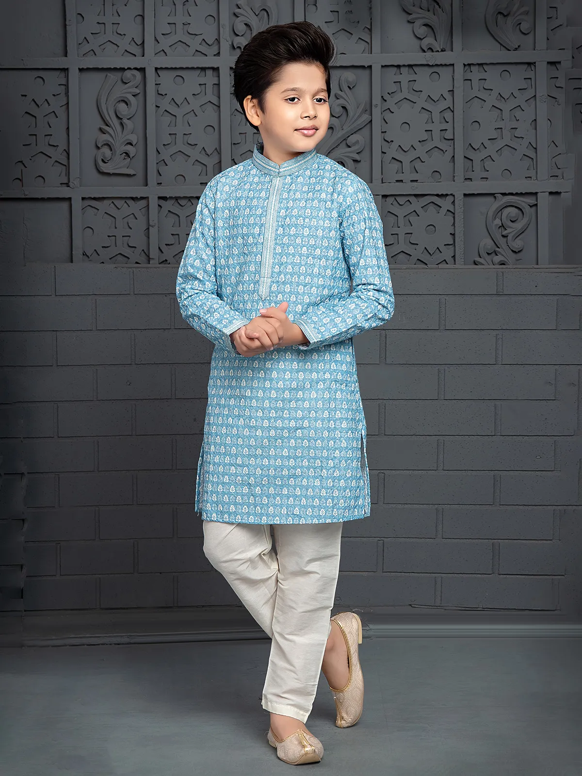 Sky blue printed kurta suit in silk