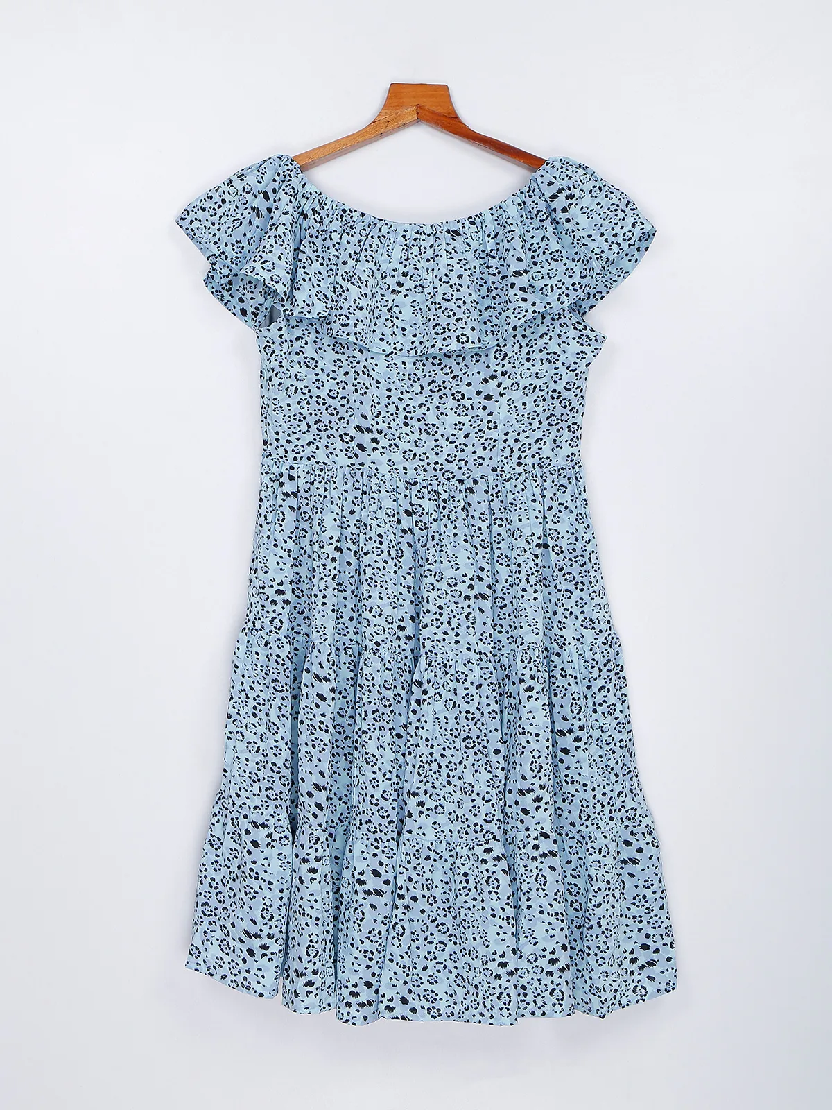 Sky blue printed polyester mini dress