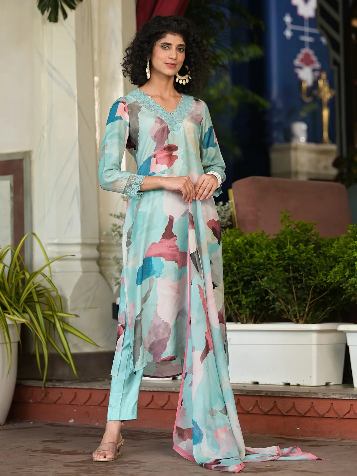 Sky blue printed silk kurti set