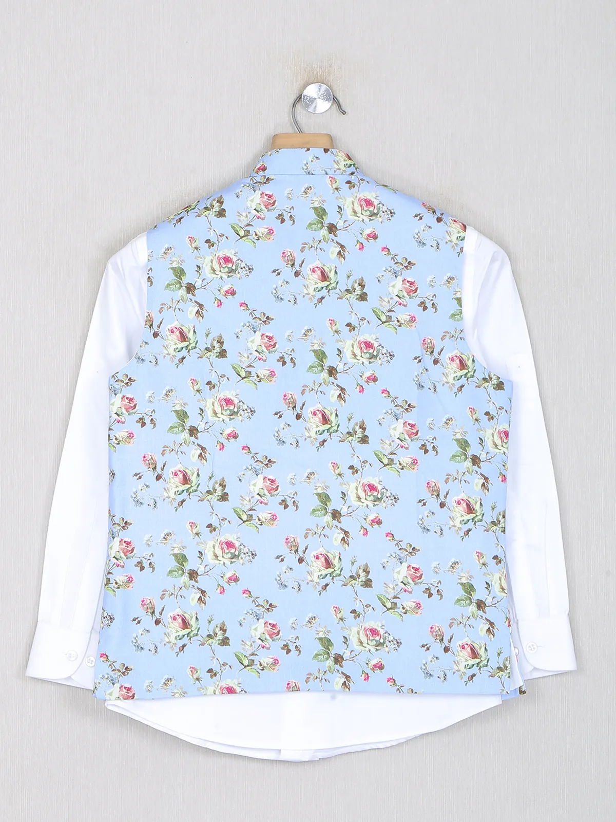 Sky blue printed waistcoat with shirt in cotton silk