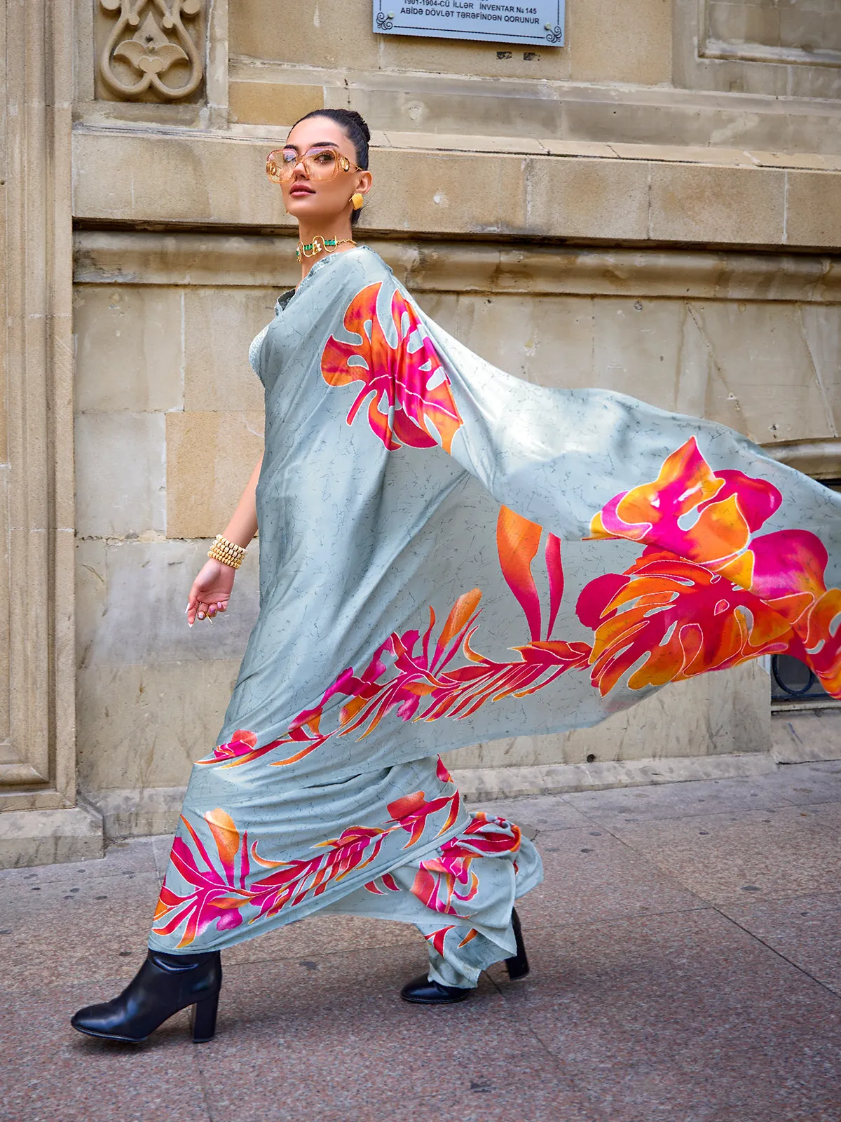 Sky blue satin crepe printed saree