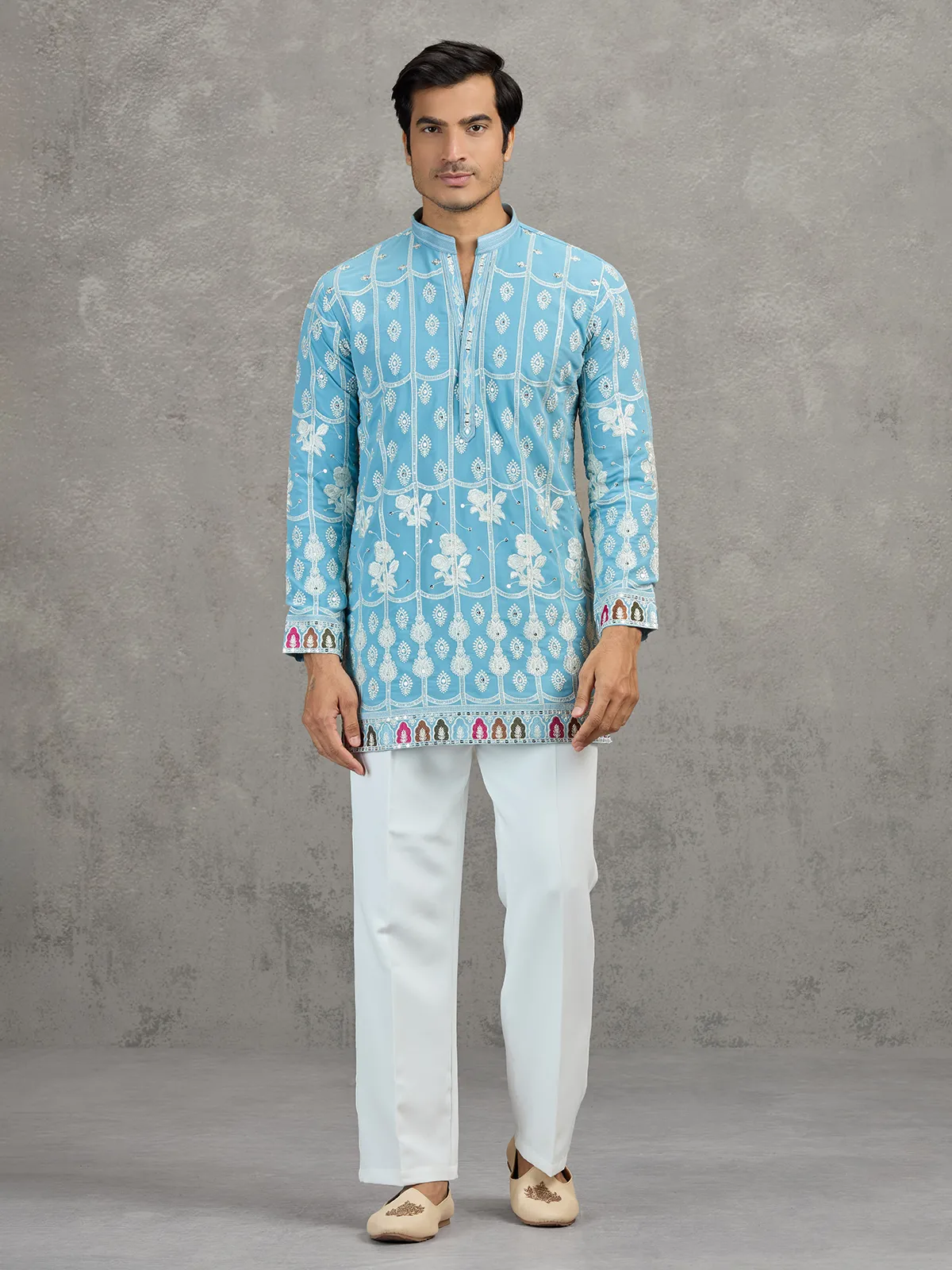 Sky blue short silk embroidered festive kurta suit