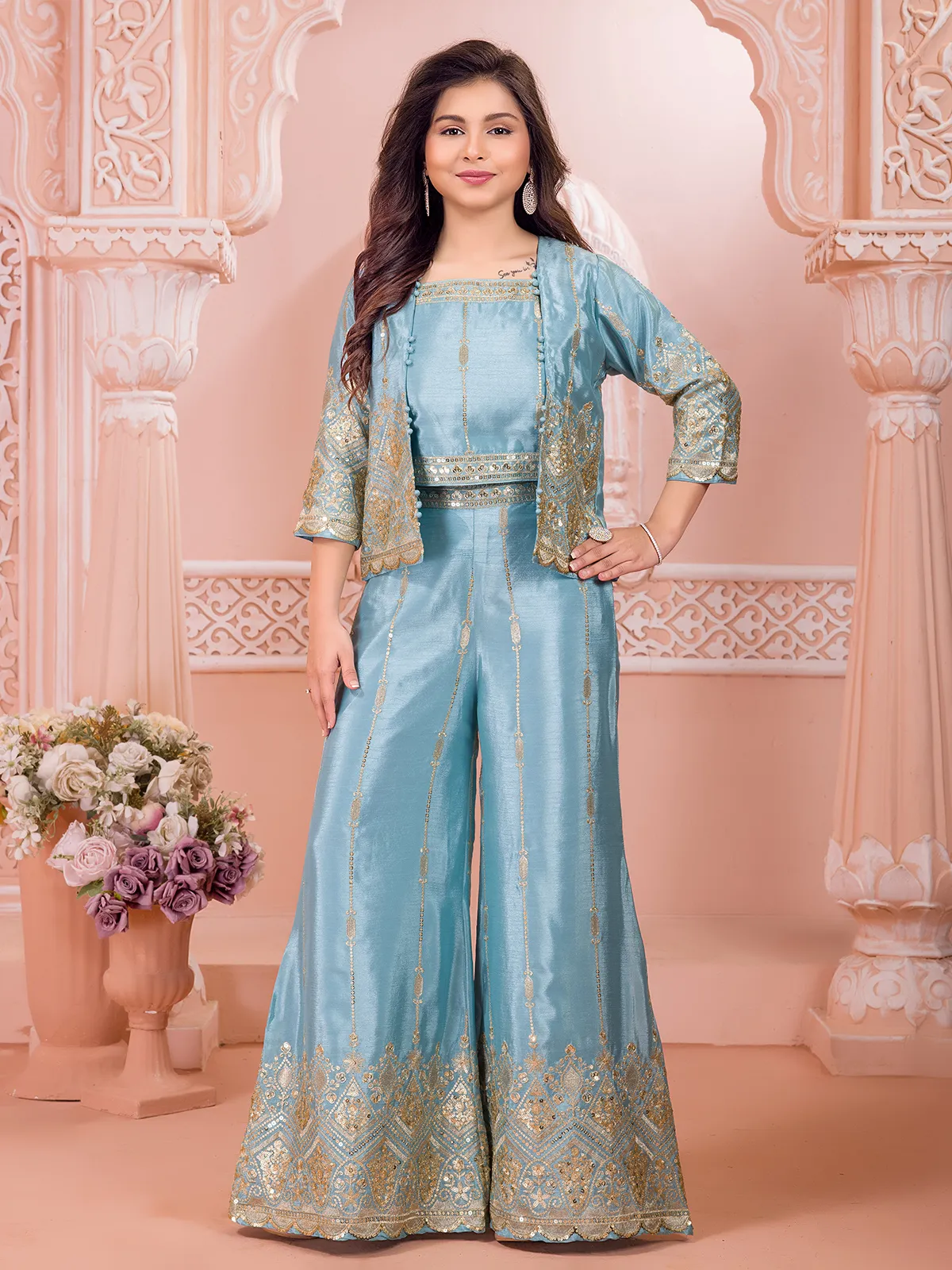 Sky Blue Silk Pakistani Jacket Style Palazzo Suit