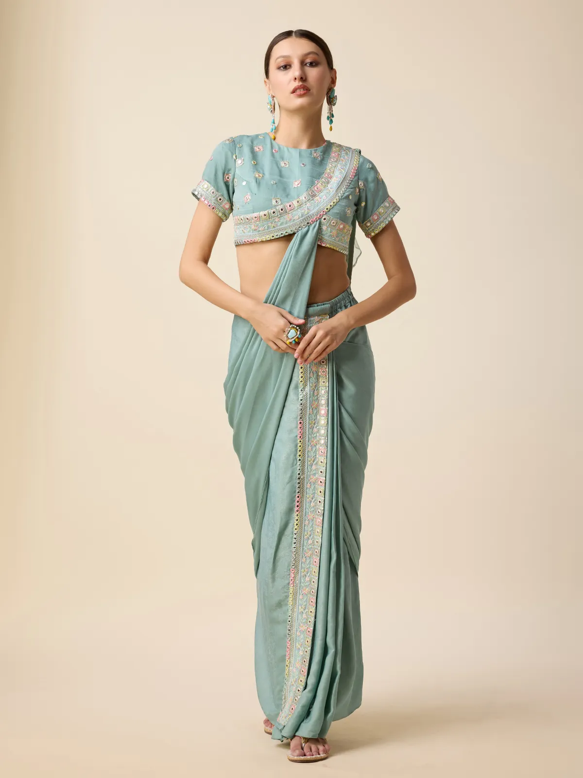 Sky blue silk ready drape saree