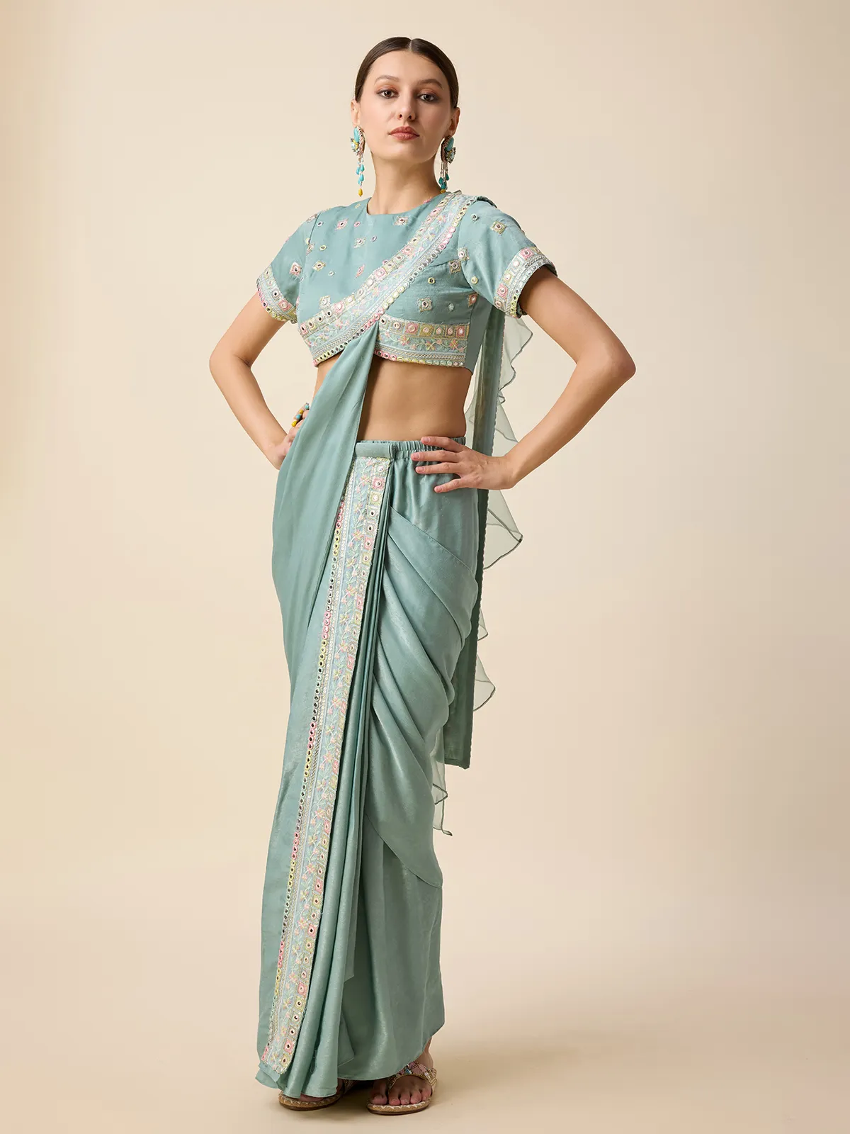 Sky blue silk ready drape saree