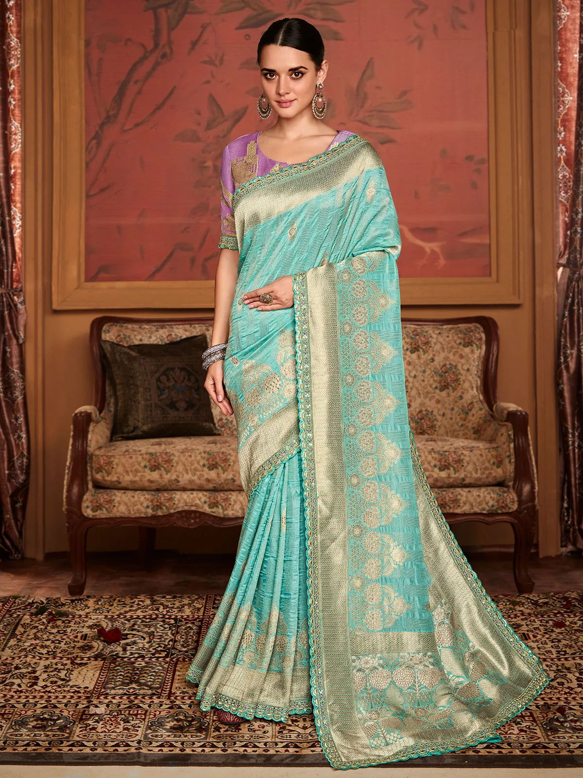 Sea blue soft dola silk saree