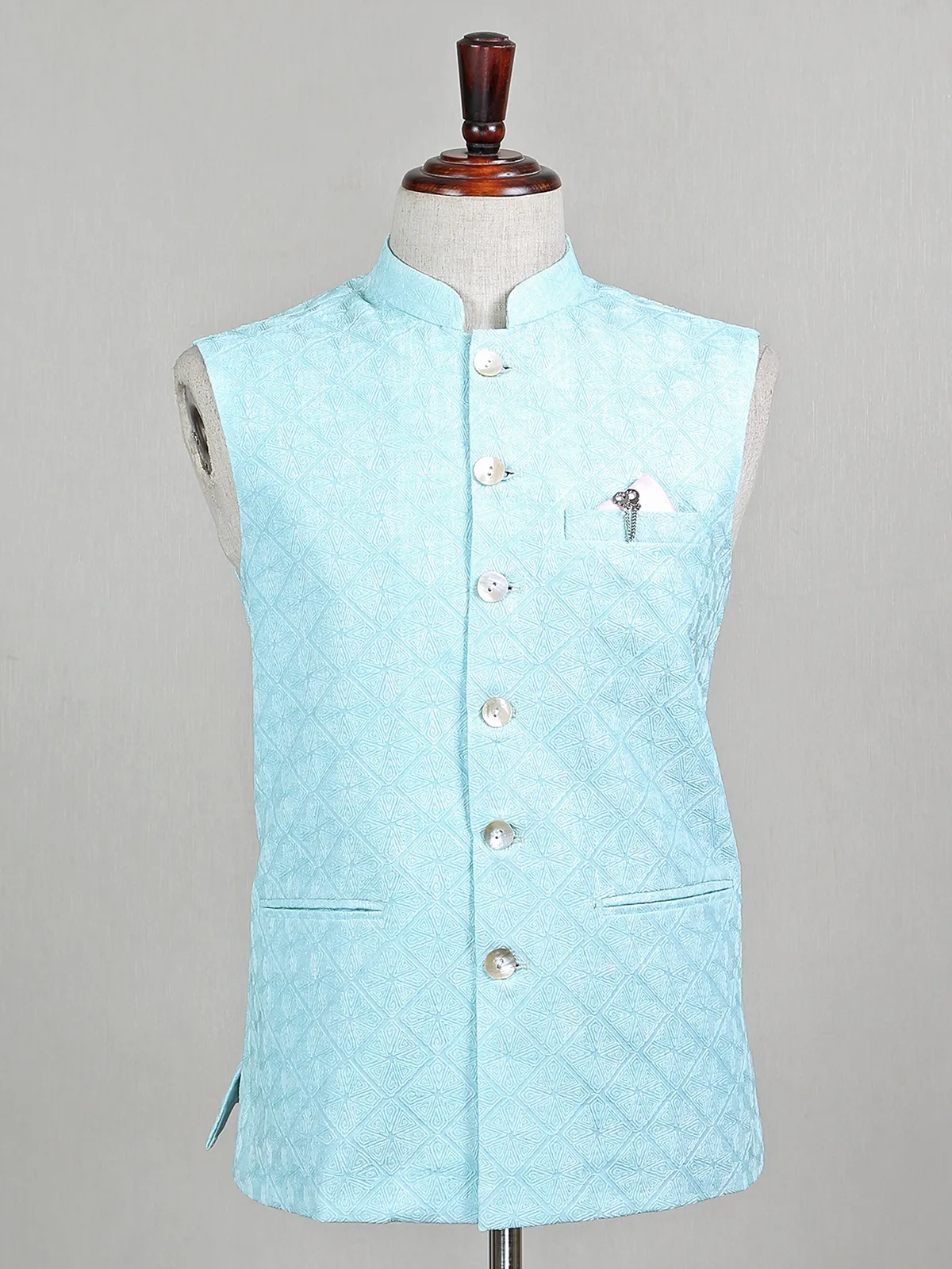 Sky blue threaded party wear silk waistcoat