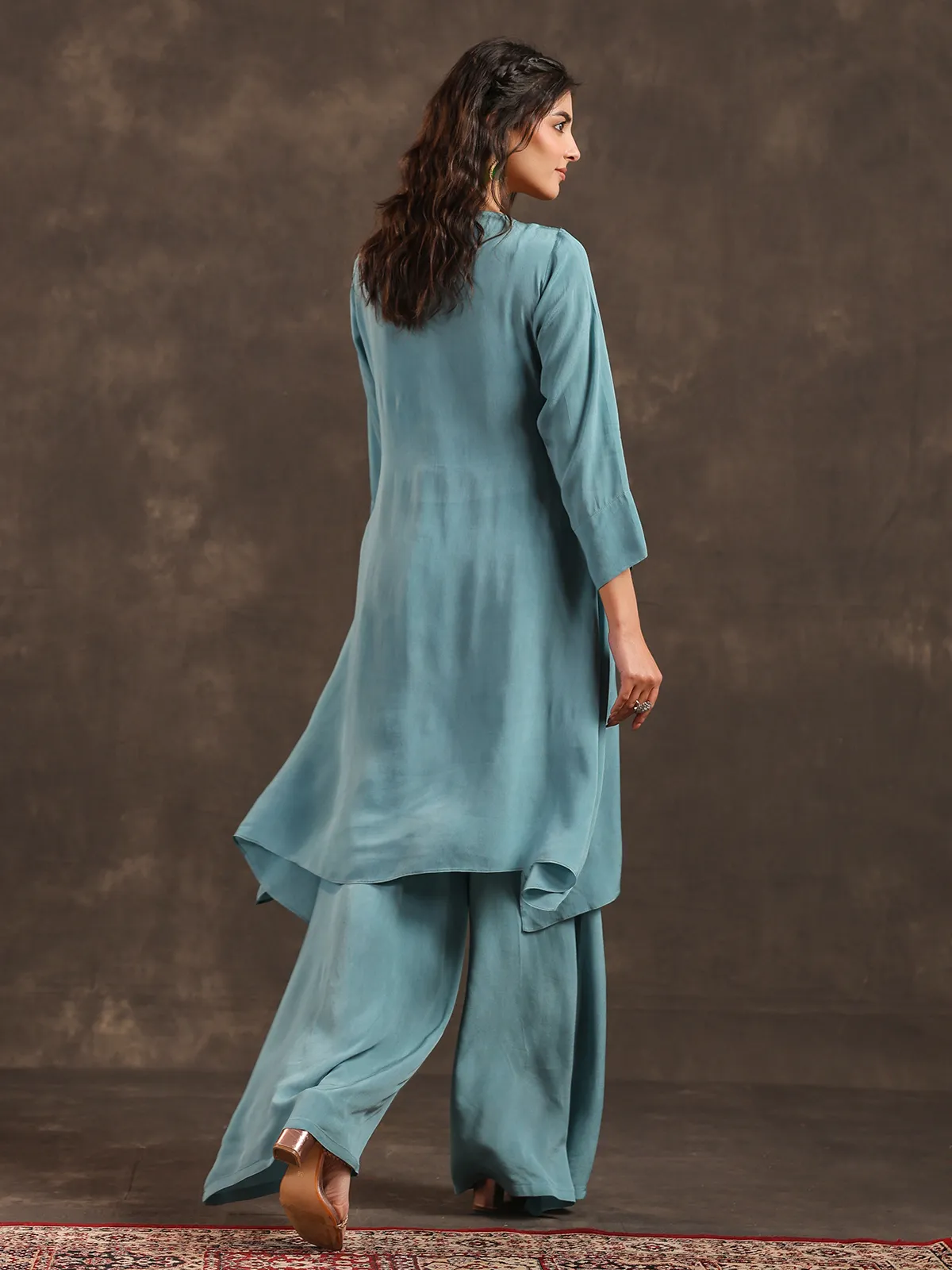 Sky blue yoke style palazzo suit with delicate embellishments