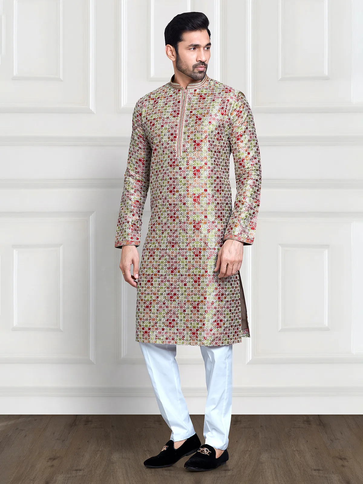 Smart grey silk printed kurta suit