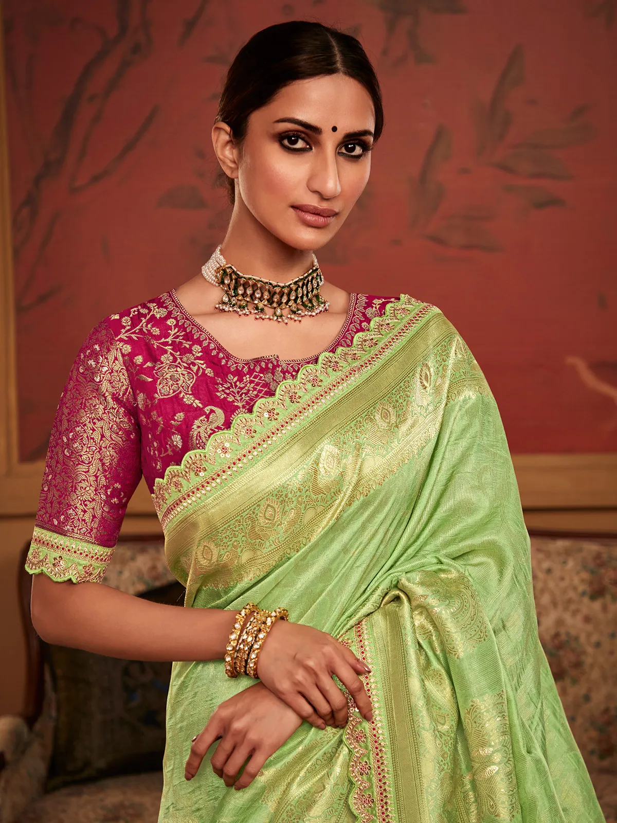 Soft dola silk pista green saree