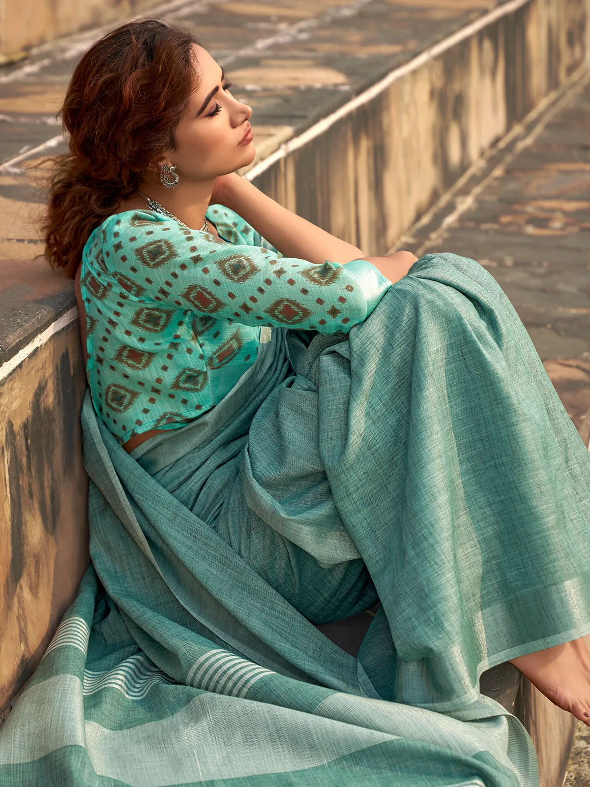 Soft linen silk sea green saree