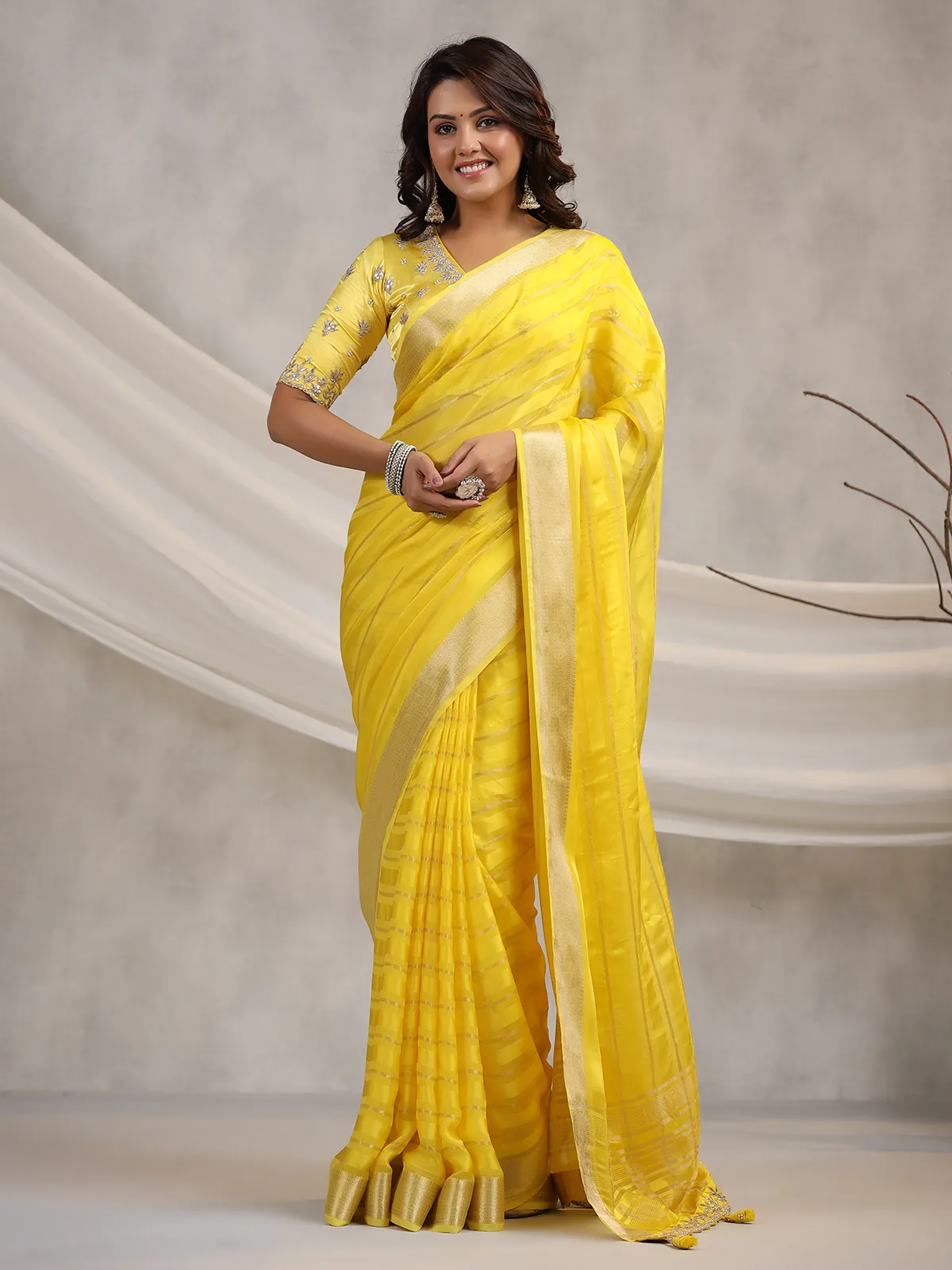 Soft organza dark yellow saree