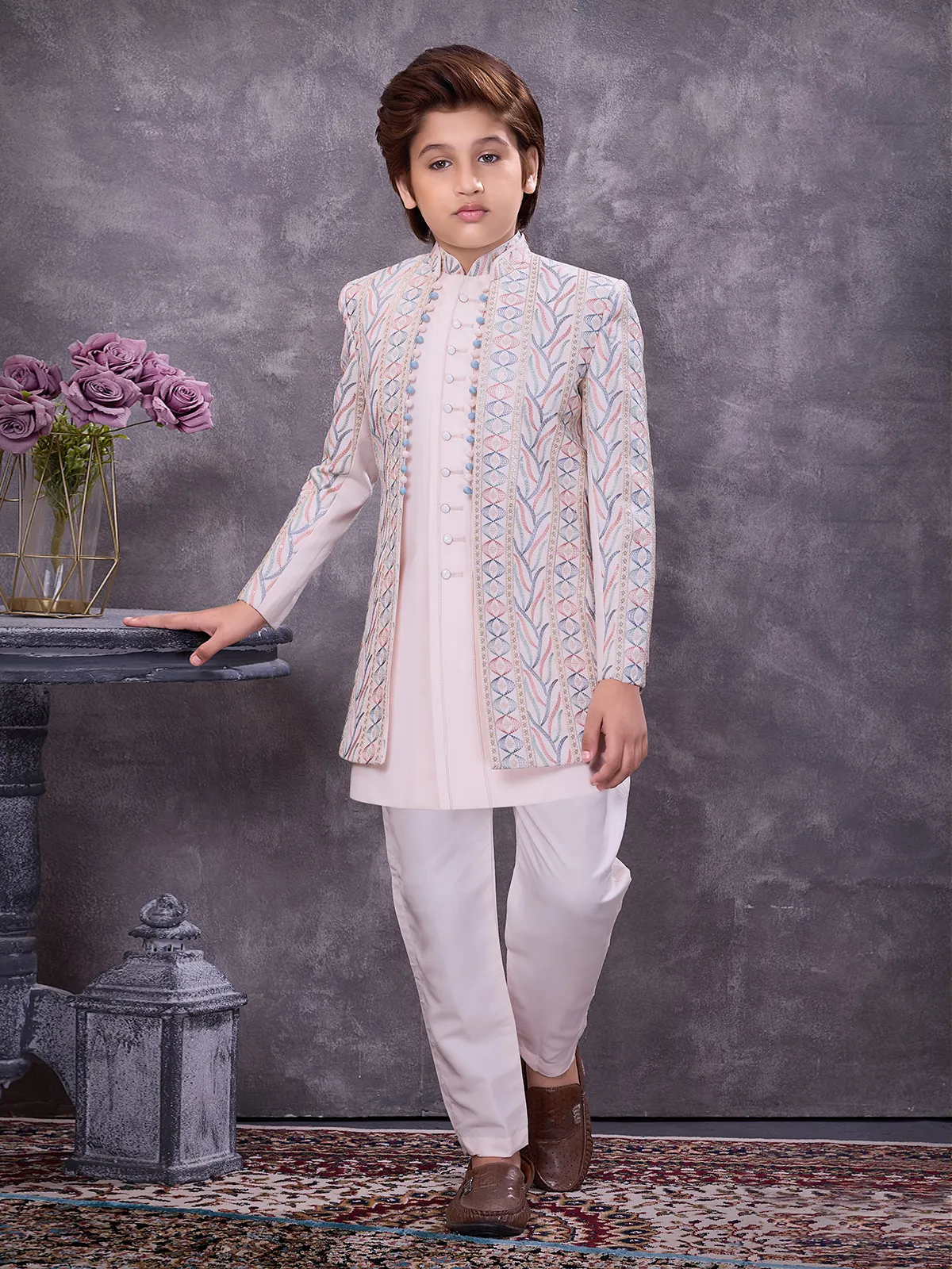 Soft pink jacquard ornate jacket indowestern