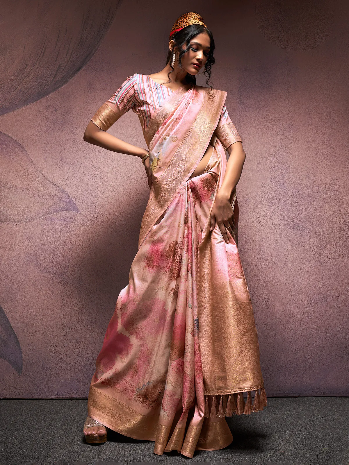 Soft silk beige digital printed saree