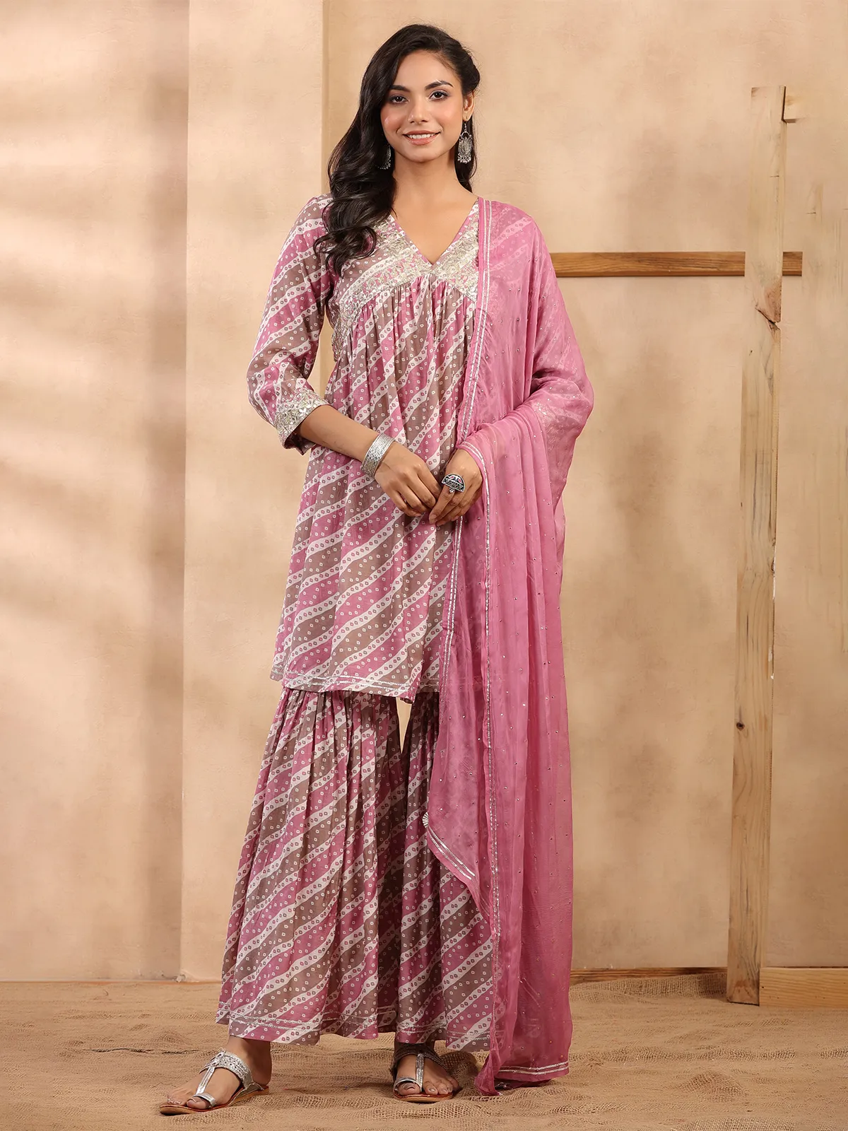 Soft silk printed pink sharara set