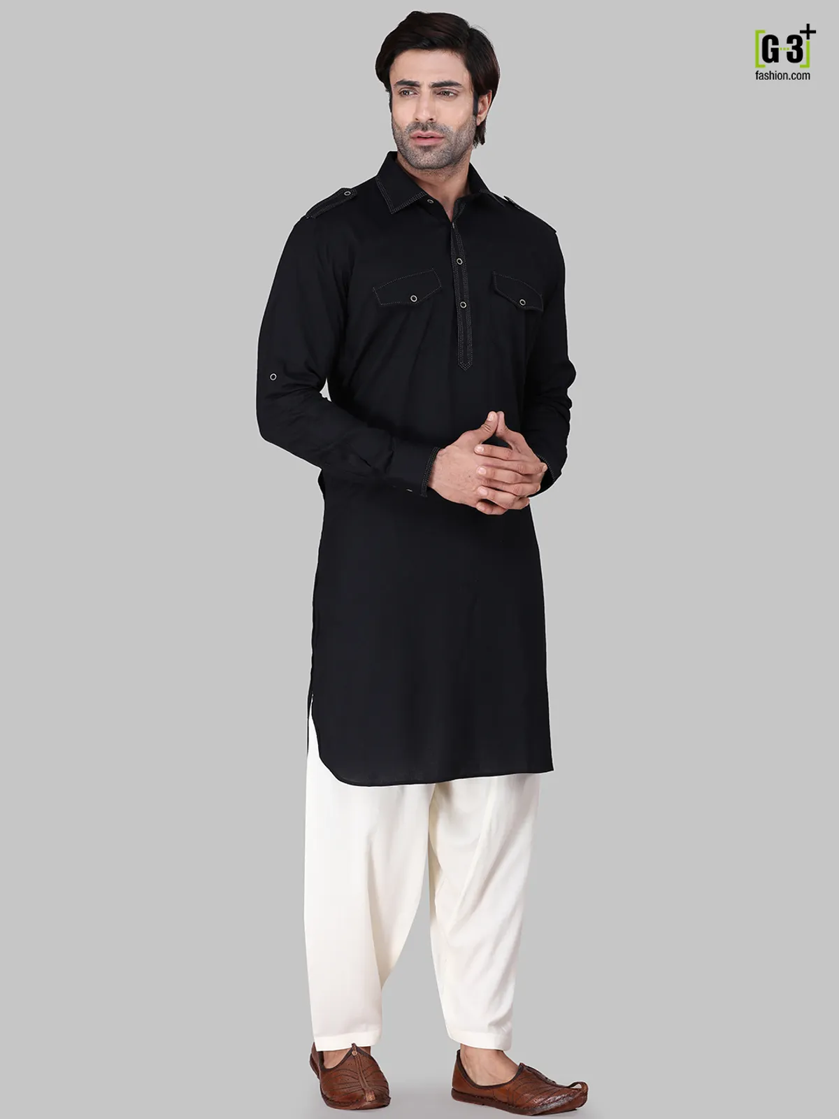 Solid black cotton rayon pathani suit