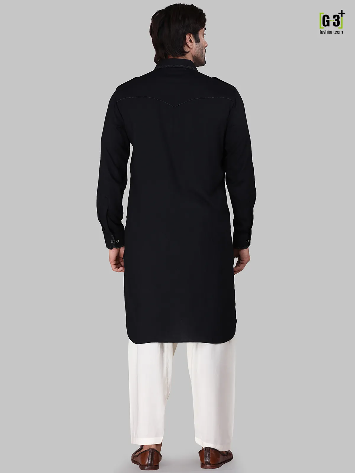 Solid black cotton rayon pathani suit