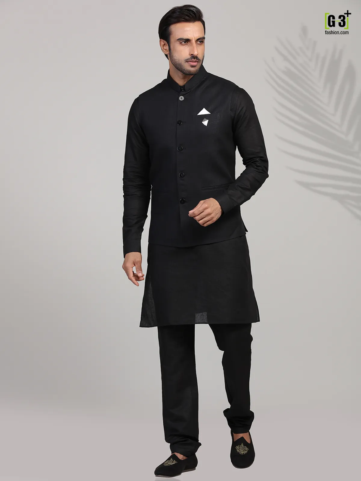 Solid black linen waistcoat set