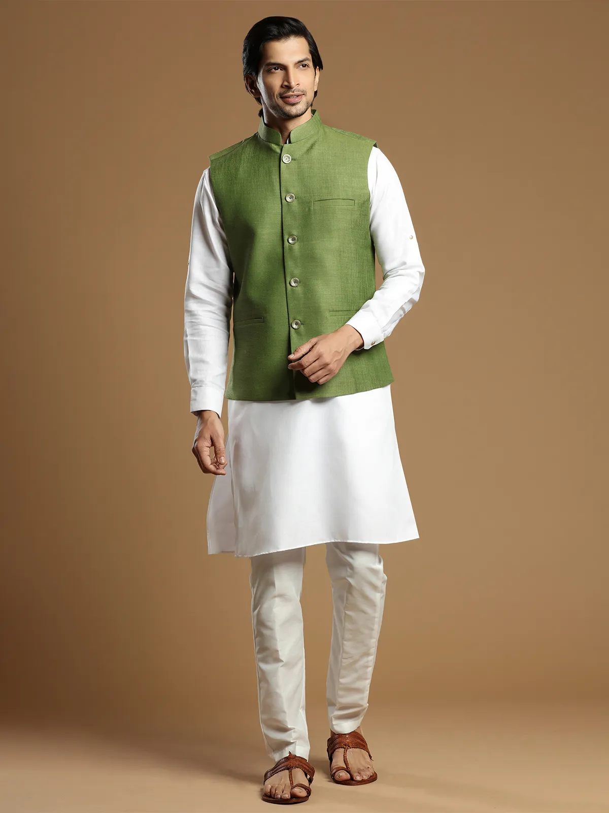 Solid cotton silk festive functions waistcoat set in moss green