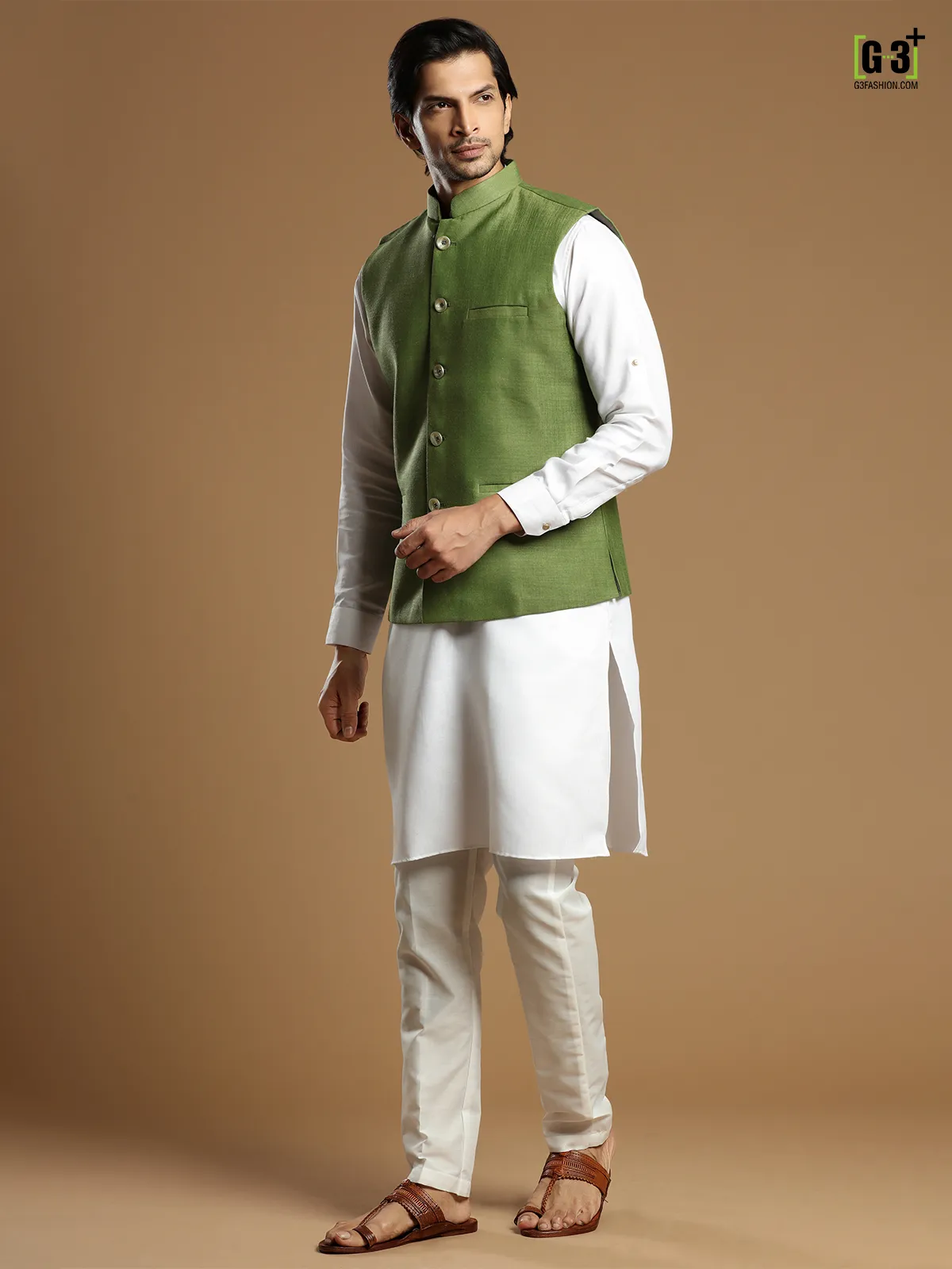 Solid cotton silk festive functions waistcoat set in moss green