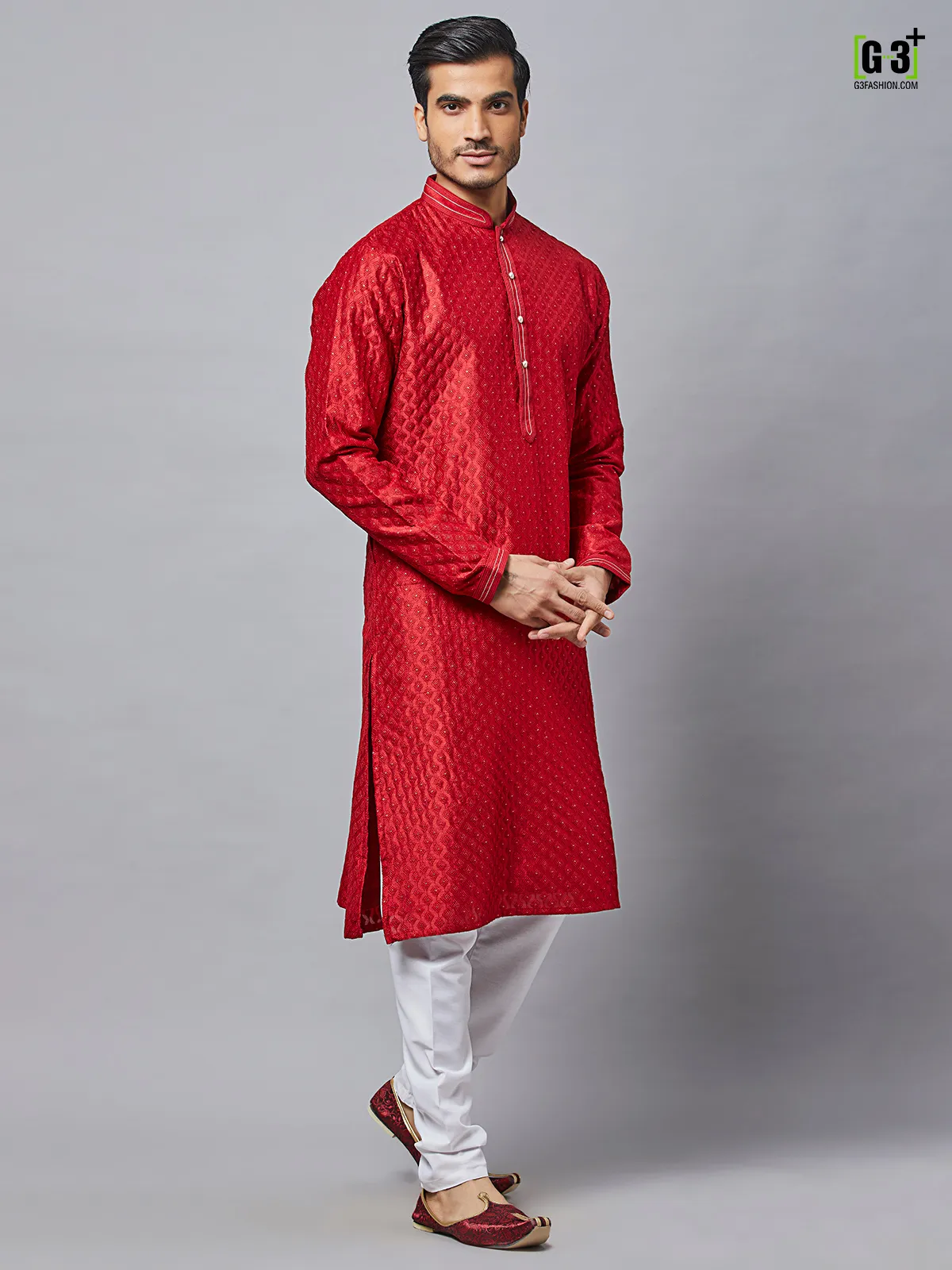 Solid maroon cotton festive wear kurta for mens