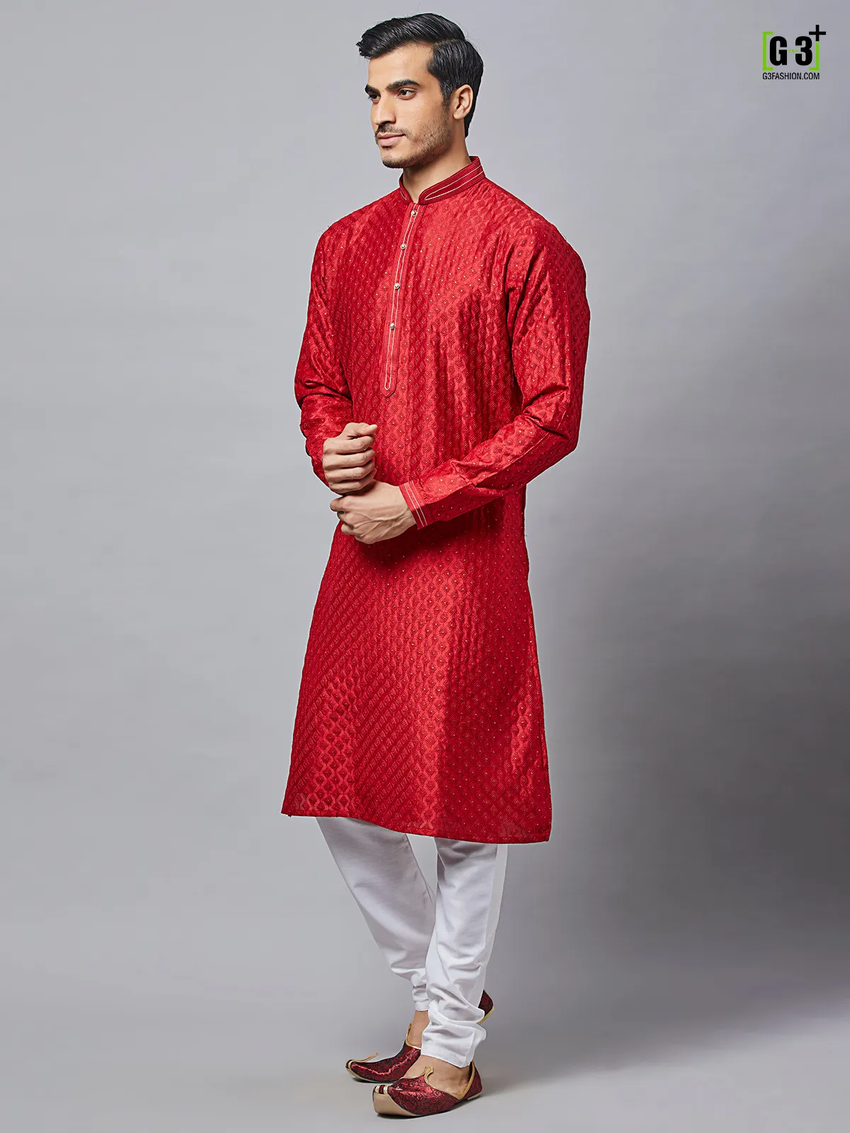 Solid maroon cotton festive wear kurta for mens