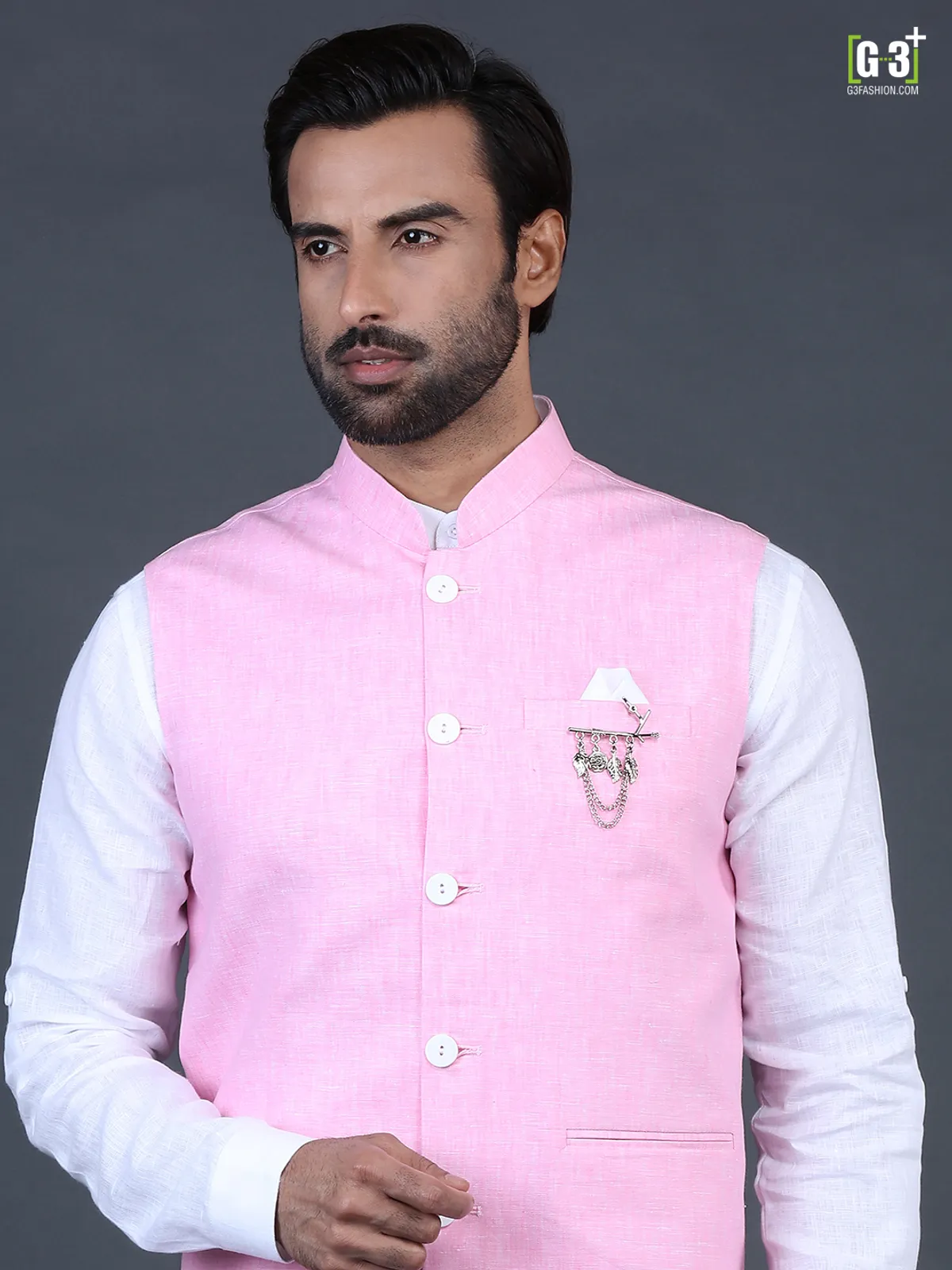 Solid pink linen mens waistcoat set