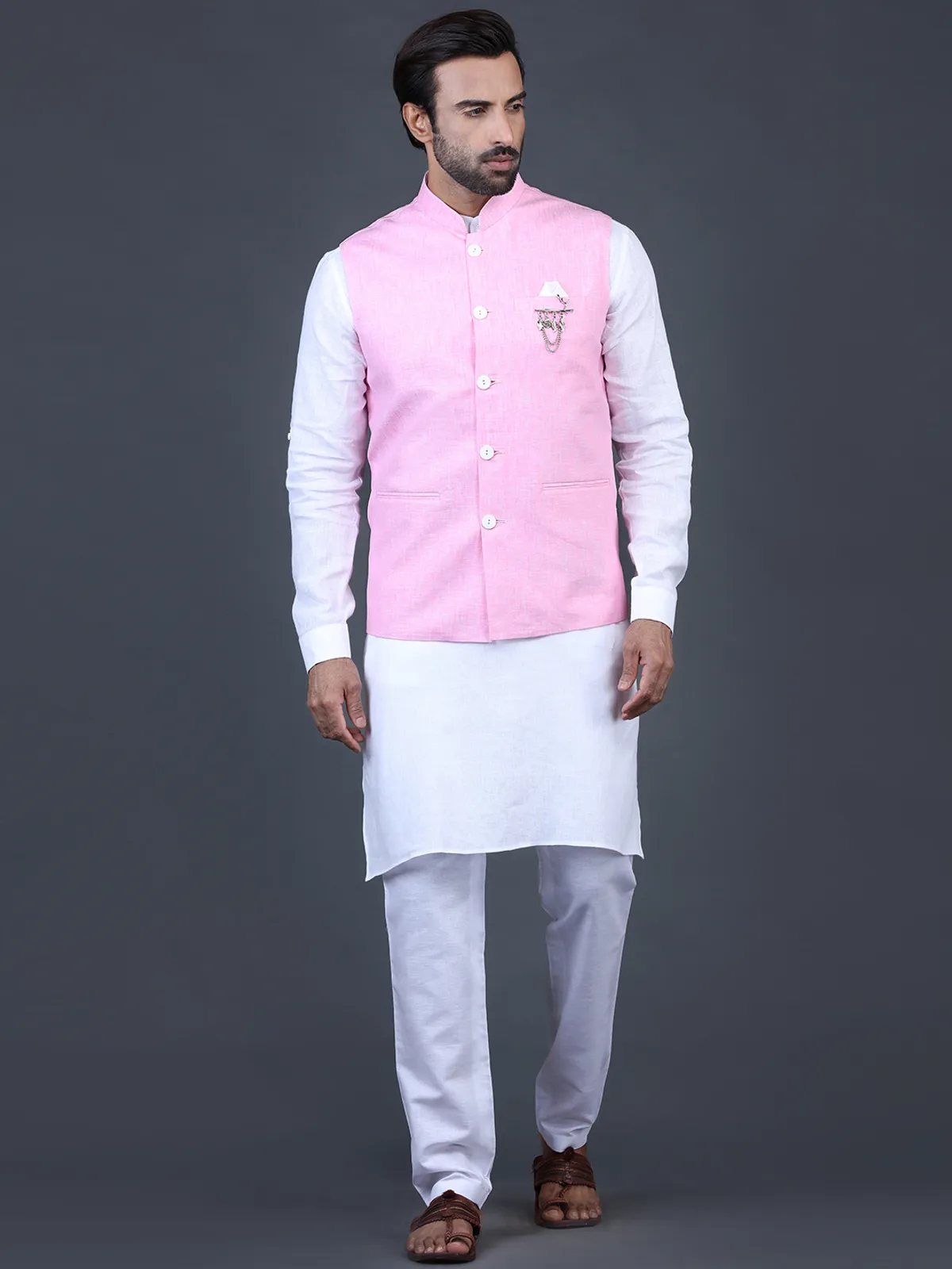 Solid pink linen mens waistcoat set