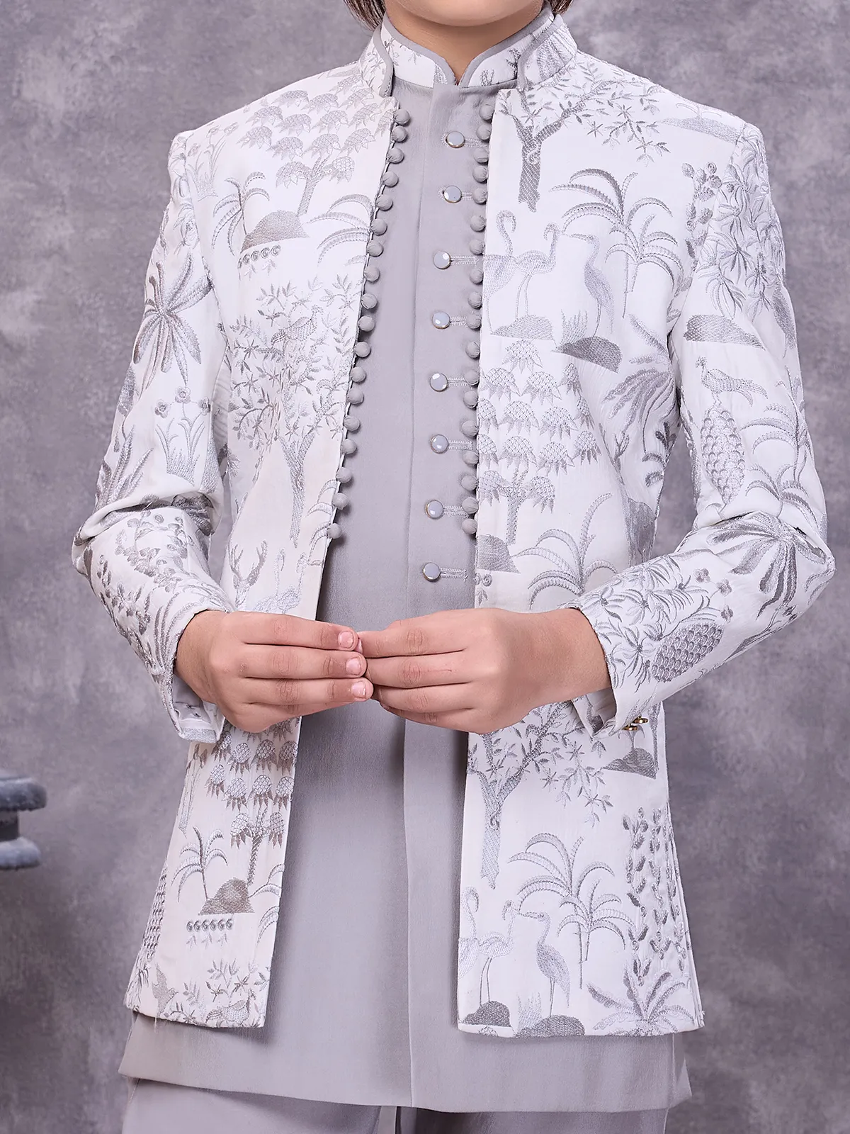Sophisticated grey jacquard embellished indowestern