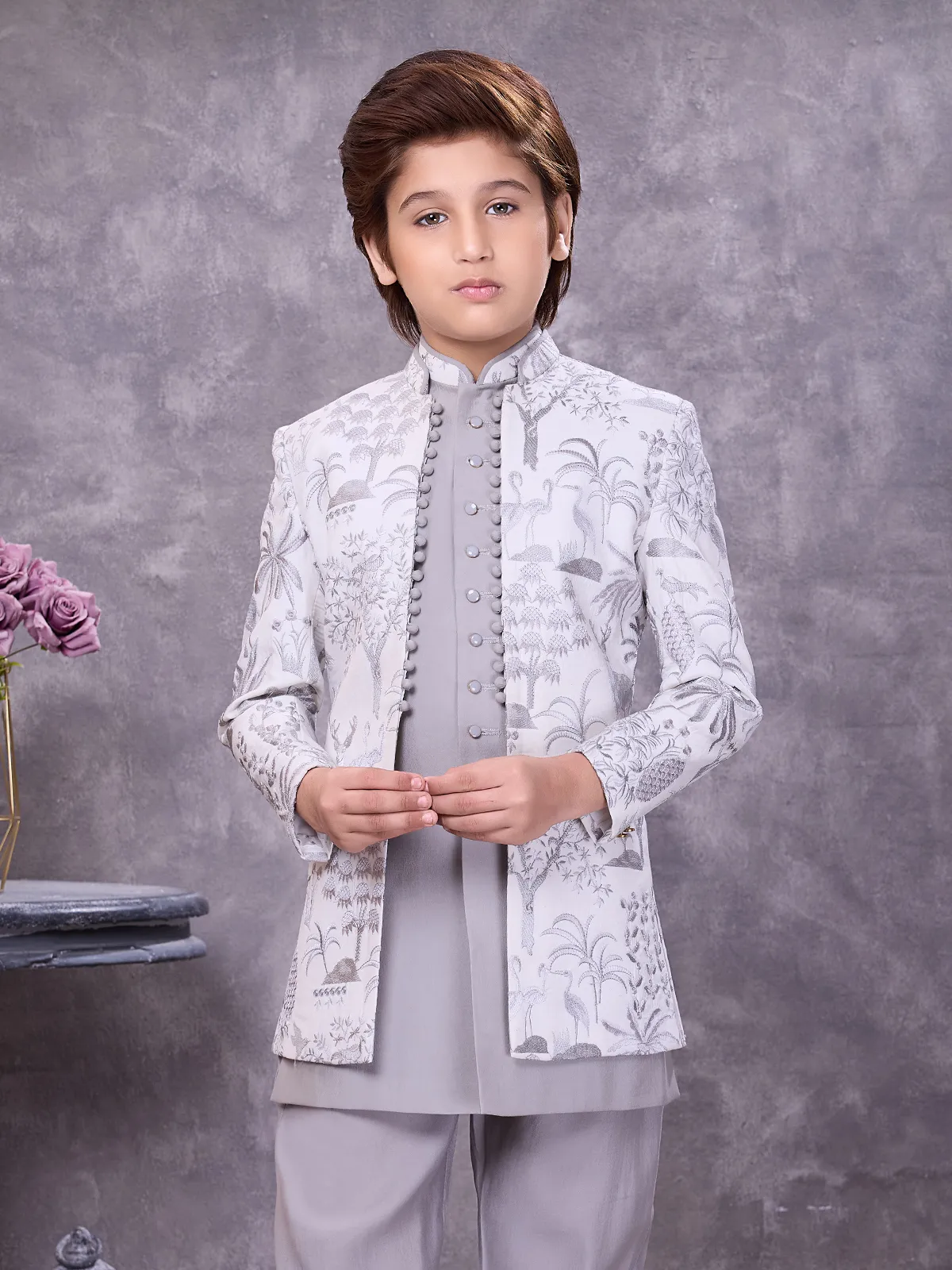Sophisticated grey jacquard embellished indowestern