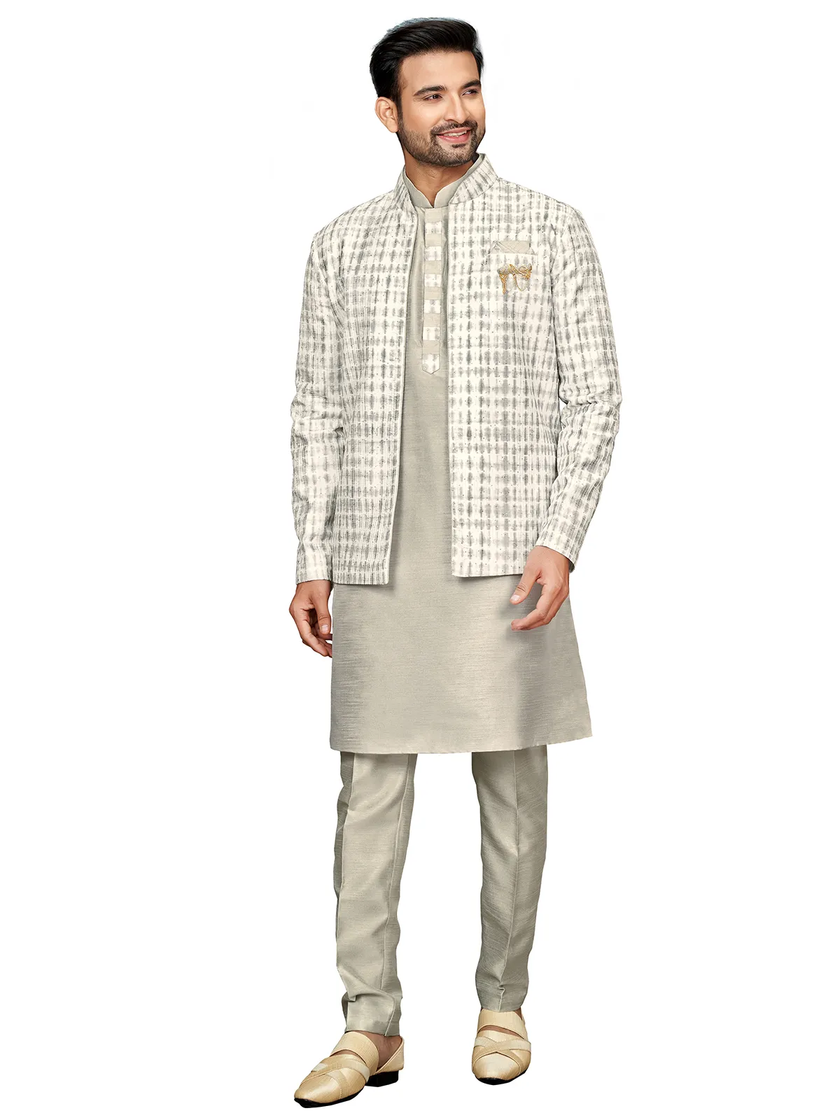 Special printed grey silk indowestern