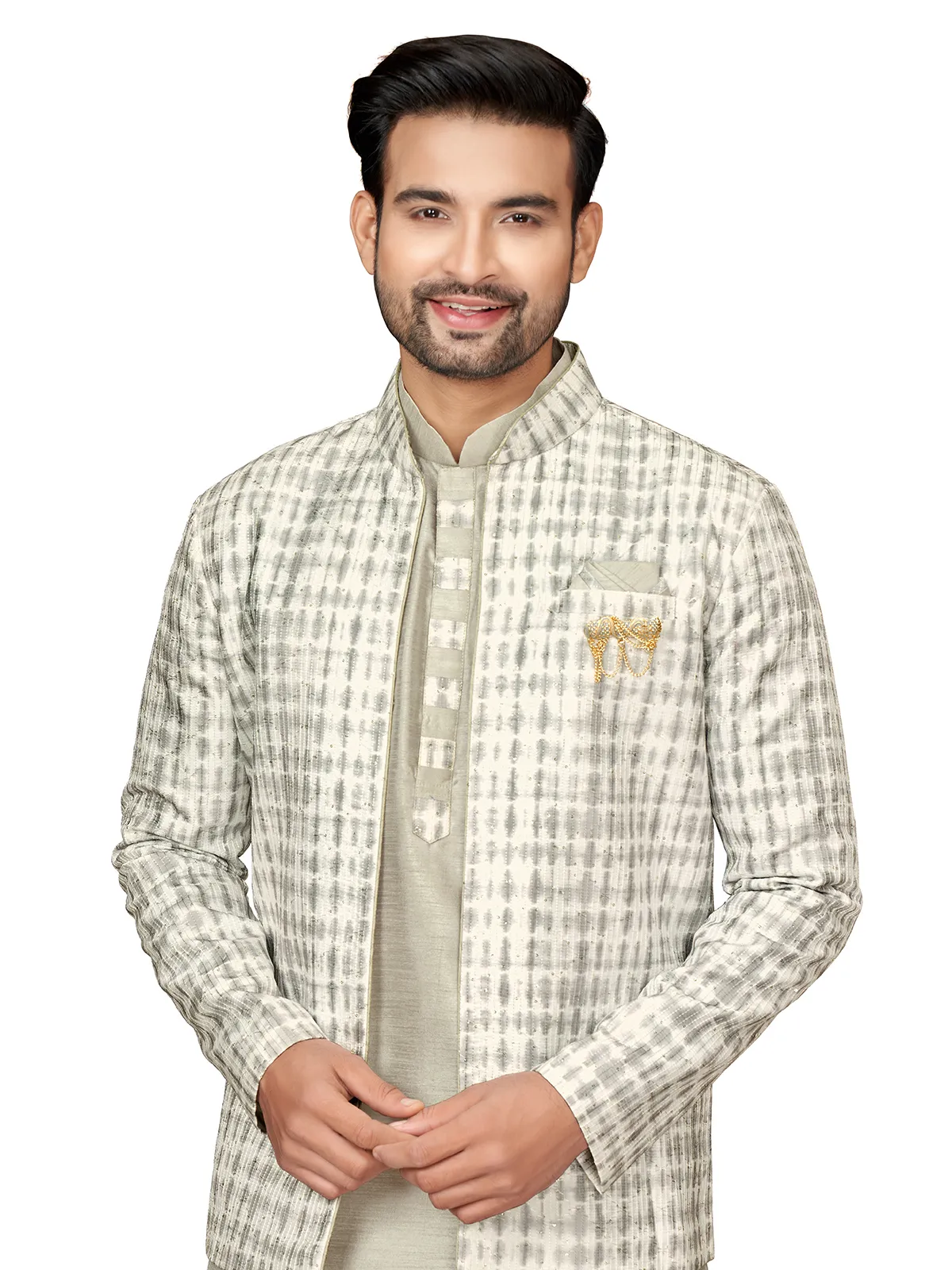 Special printed grey silk indowestern