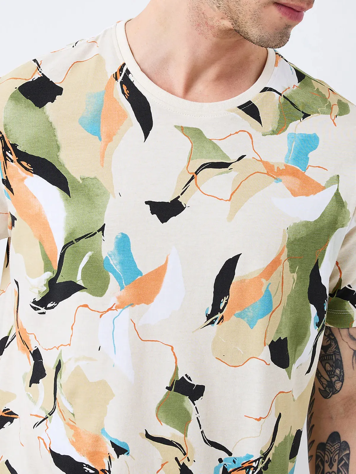 SPYKAR beige printed cotton t-shirt for men